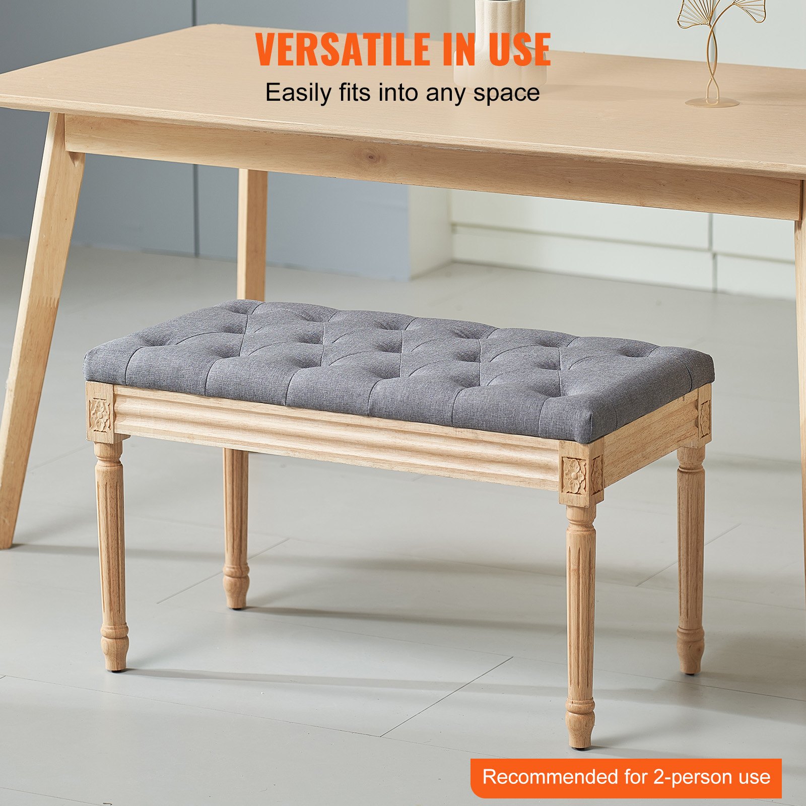 VEVOR Upholstered Vanity Bench 80 x 40 x 48 cm, Rectangular Vanity Bench, Rubberwood Legs, Bed Bench, Hallway Bench, Stool Bench, Entrance Bench for Dining Room, Living Room, Bedroom, Hallway, Gray