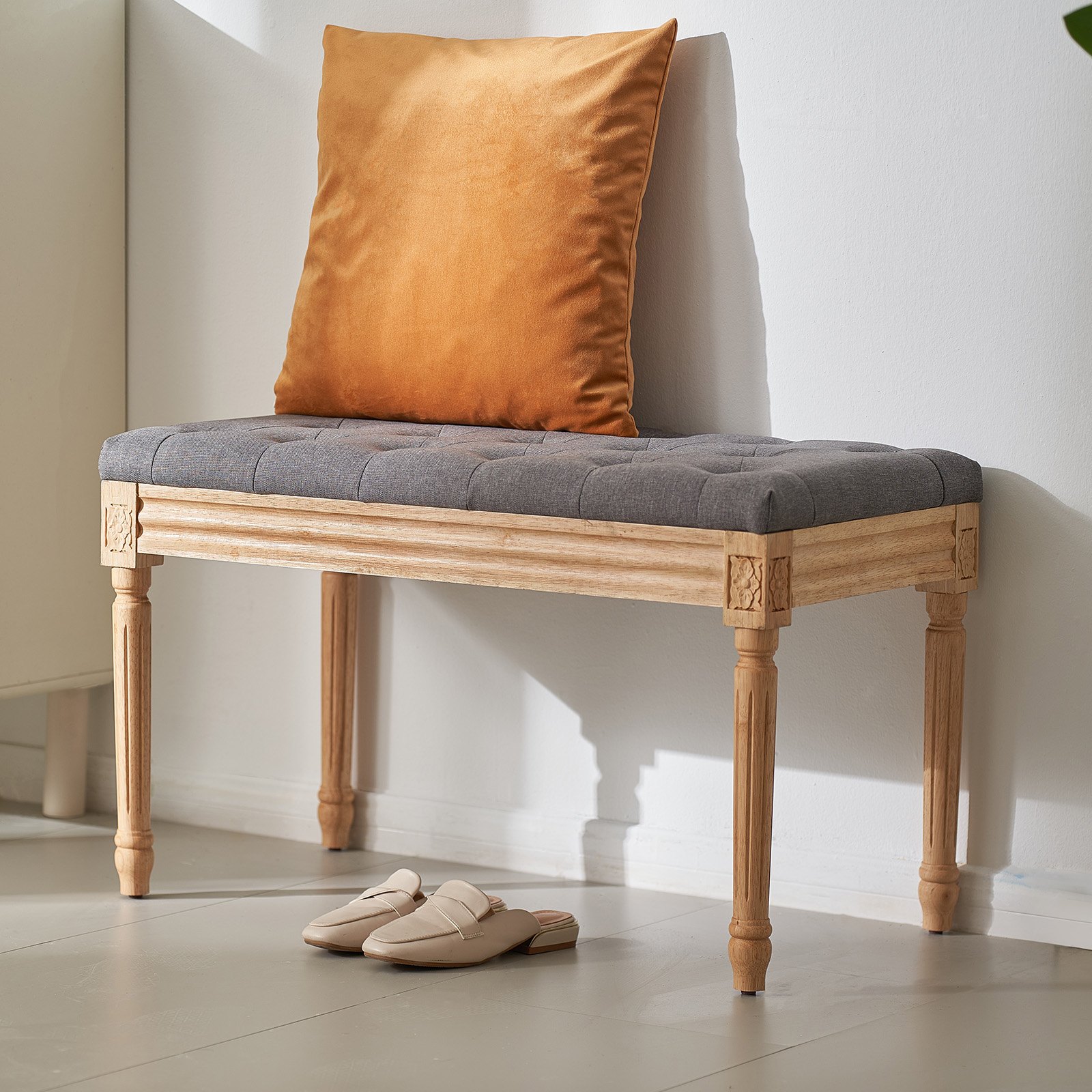 VEVOR Upholstered Vanity Bench 80 x 40 x 48 cm, Rectangular Vanity Bench, Rubberwood Legs, Bed Bench, Hallway Bench, Stool Bench, Entrance Bench for Dining Room, Living Room, Bedroom, Hallway, Gray