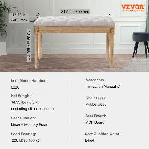 COSTASKF Panchina Imbottita In Tessuto Lino Con Memory Foam - Sgabello Da Trucco Per Vanità, Panca Rettangolare Con Gambe Intagliate, 45.7 Cm, Bianco - 3