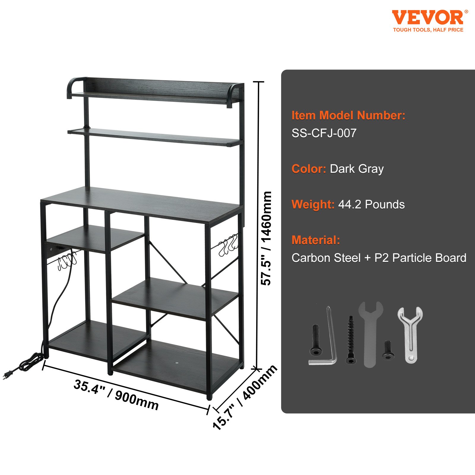 VEVOR Scaffale Portaoggetti Portautensili da Cucina 7 Ripiani Salvaspazio con Pannello di Spina Elettrica Carico Max. 100kg ca., Scaffale Portautensili Cucina per Forno Tostapane Microonde 90x40x146cm