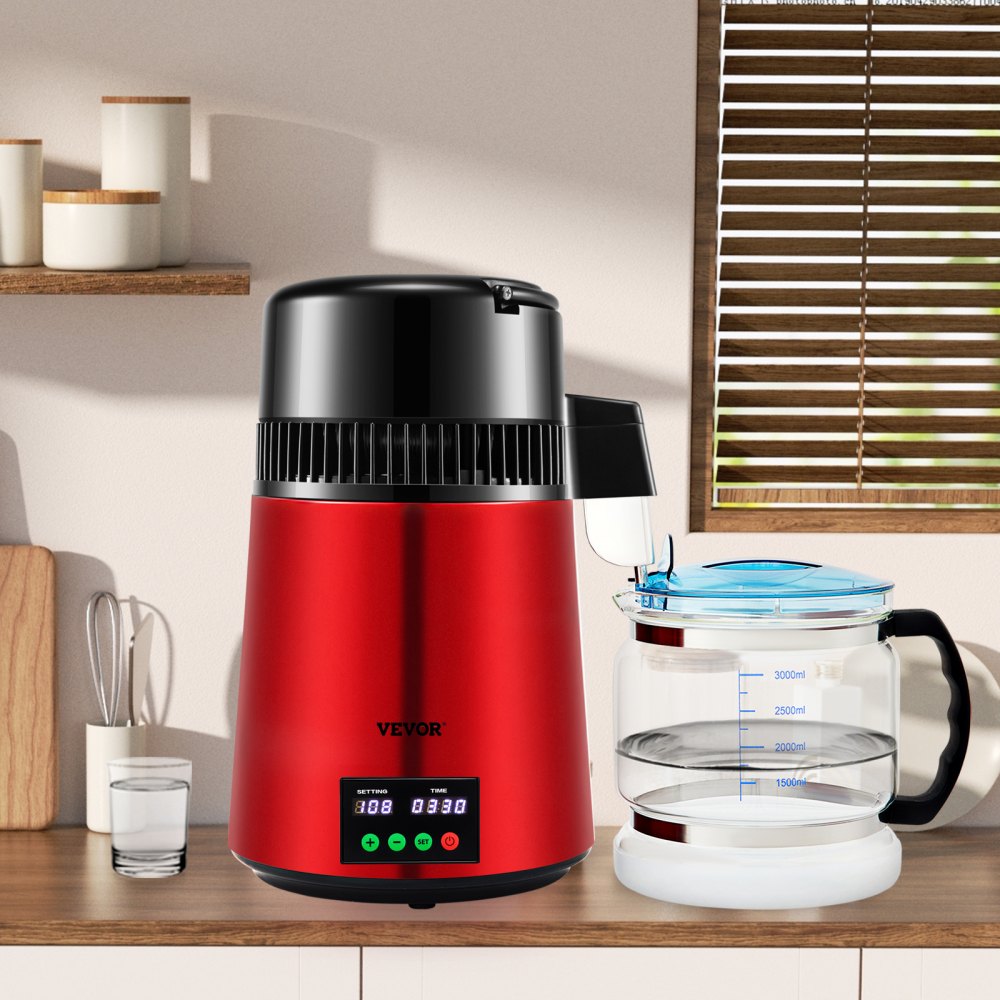VEVOR Distillatore d'Acqua Volume della Canna 4L, Distillatore per Purificazione dell'Acqua 1 L/H 750 W con Contenitore in Vetro, per Cucina Uffici, Laboratori, Ospedali, Cliniche Dentistiche, ecc.