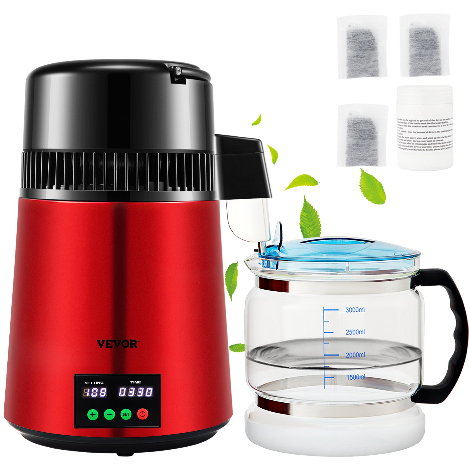 VEVOR Distillatore d'Acqua Volume della Canna 4L, Distillatore per Purificazione dell'Acqua 1 L/H 750 W con Contenitore in Vetro, per Cucina Uffici, Laboratori, Ospedali, Cliniche Dentistiche, ecc.