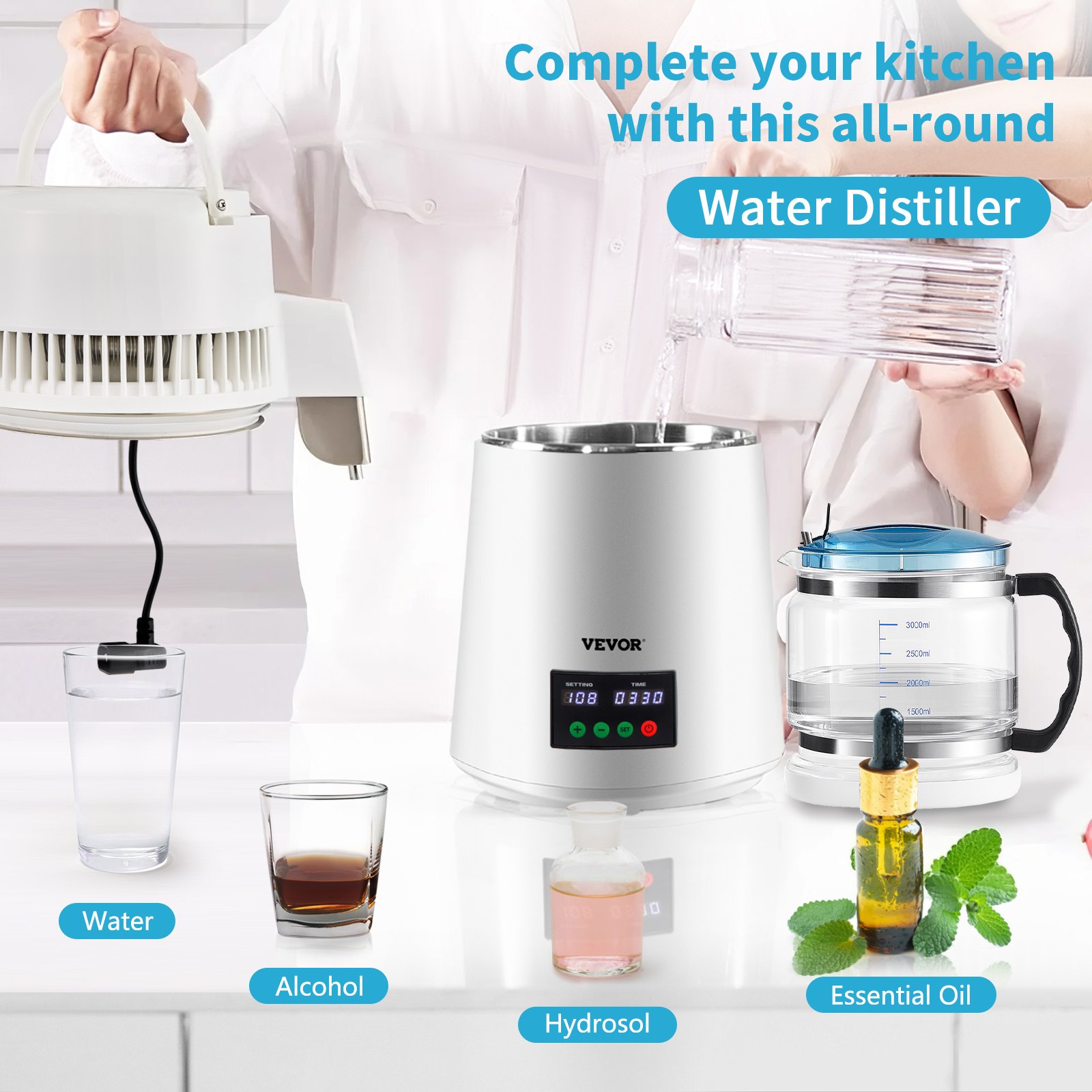 VEVOR Distillatore d'Acqua Volume della Canna 4 L, Distillatore Bianco per Purificazione dell'Acqua 1 L/H con Contenitore in Plastica, per Cucina Uffici, Lab, Ospedali, Cliniche Dentistiche, ecc.