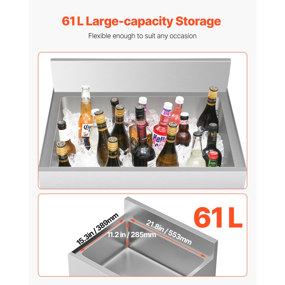 VEVOR Contenitore per Ghiaccio Commerciale 61 Litri Sottobanco, Contenitore per Ghiaccio in Acciaio Inox 610 x 482 x 937 mm con Coperchio Portabottiglie, Piedini, per Bar, Ristorante, Pub