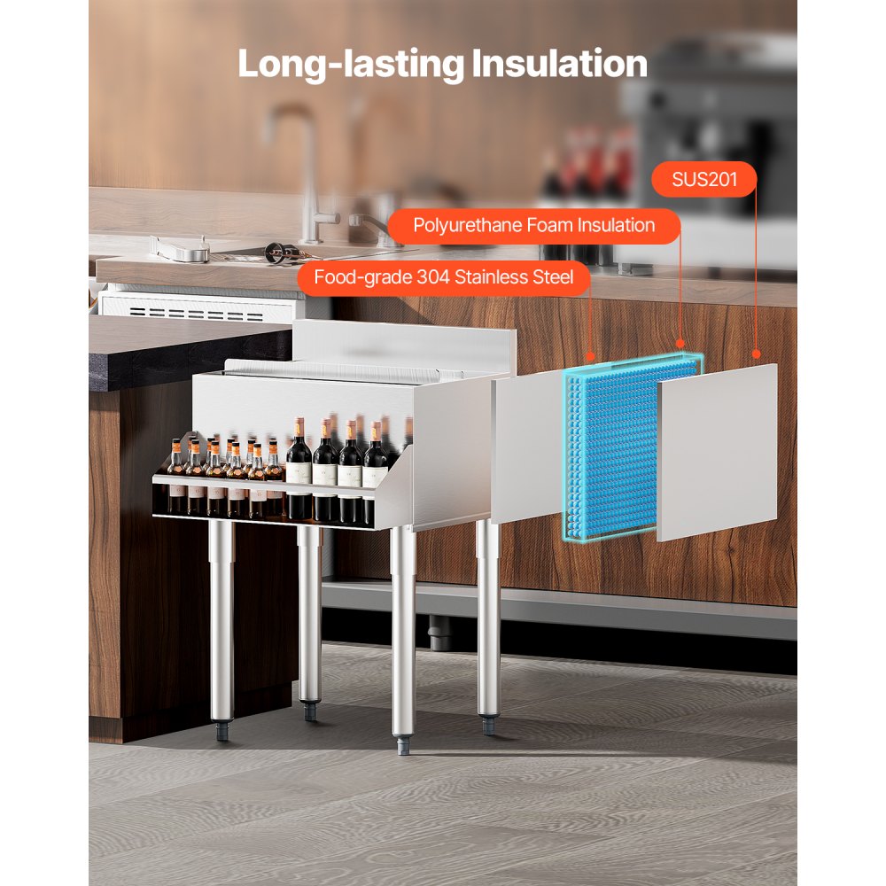VEVOR Contenitore per Ghiaccio Commerciale in Acciaio Inox da 61,6 L Contenitore per Ghiaccio Sottobanco 610 x 614 x 930 mm con Coperchio Scorrevole e Piedini Regolabili, per Bar, Ristorante, Pub