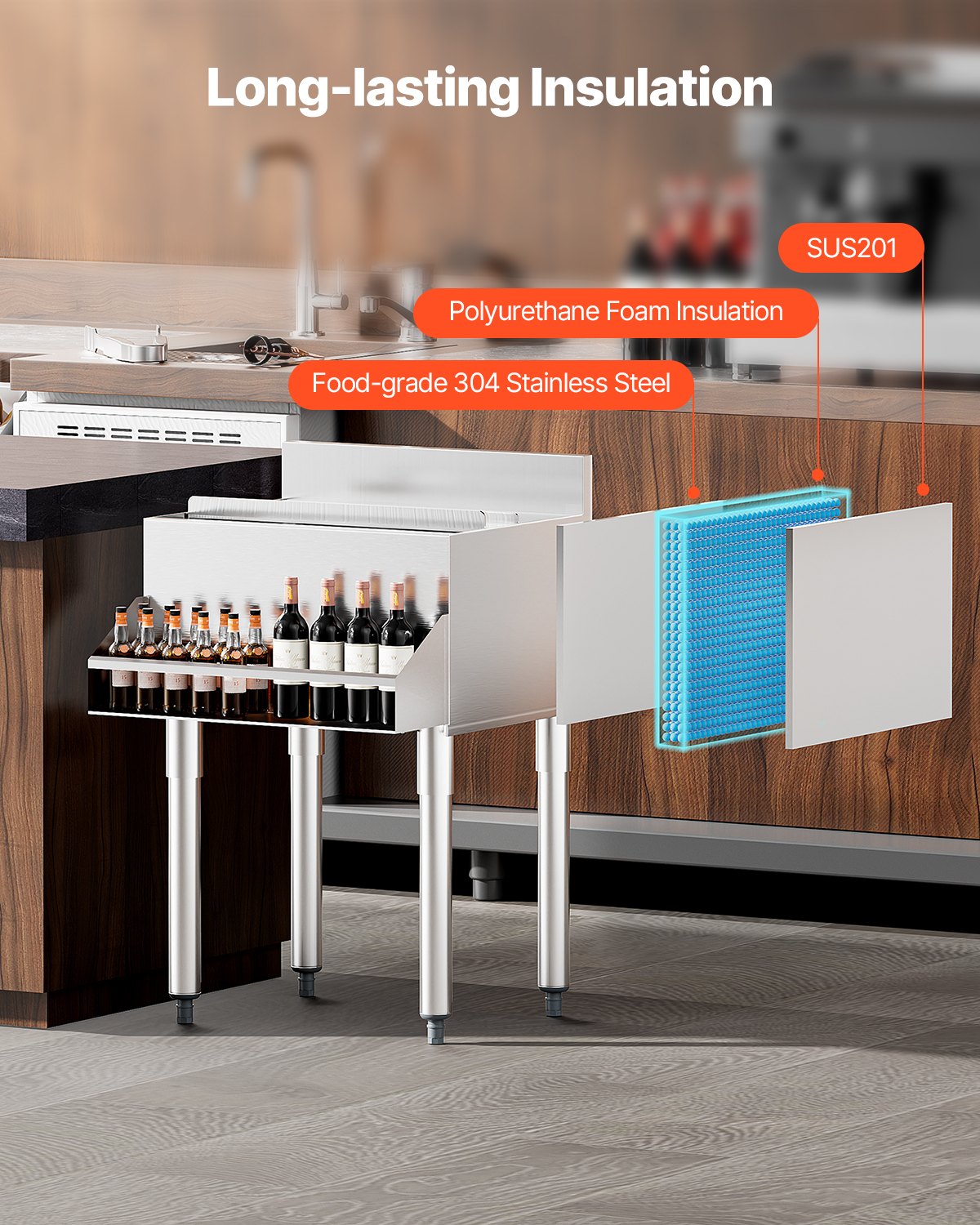 VEVOR Contenitore per Ghiaccio Commerciale in Acciaio Inox da 61,6 L Contenitore per Ghiaccio Sottobanco 610 x 614 x 930 mm con Coperchio Scorrevole e Piedini Regolabili, per Bar, Ristorante, Pub