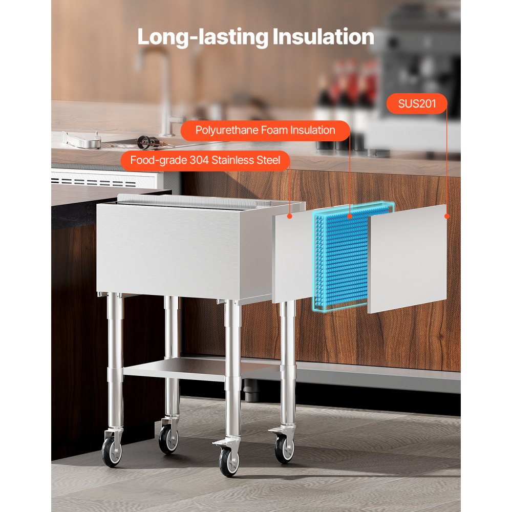 VEVOR Contenitore per Ghiaccio Commerciale da 61,6 L Contenitore per Ghiaccio con Ruote, Carrello per Frigorifero in Acciaio Inox 610 x 484 x 935 mm con Coperchio Scorrevole, per Bar, Ristorante, Pub