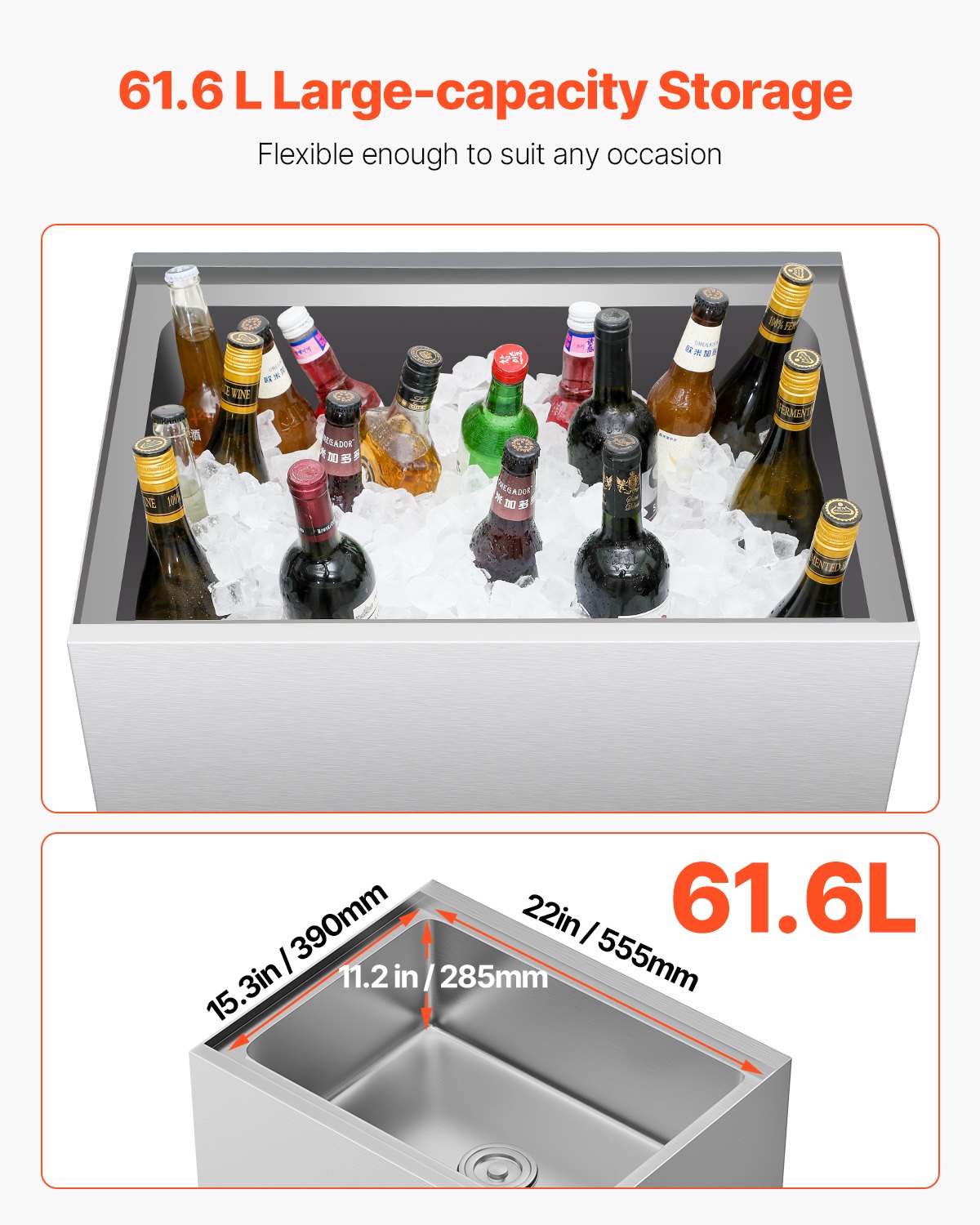 VEVOR Contenitore per Ghiaccio Commerciale da 61,6 L Contenitore per Ghiaccio con Ruote, Carrello per Frigorifero in Acciaio Inox 610 x 484 x 935 mm con Coperchio Scorrevole, per Bar, Ristorante, Pub