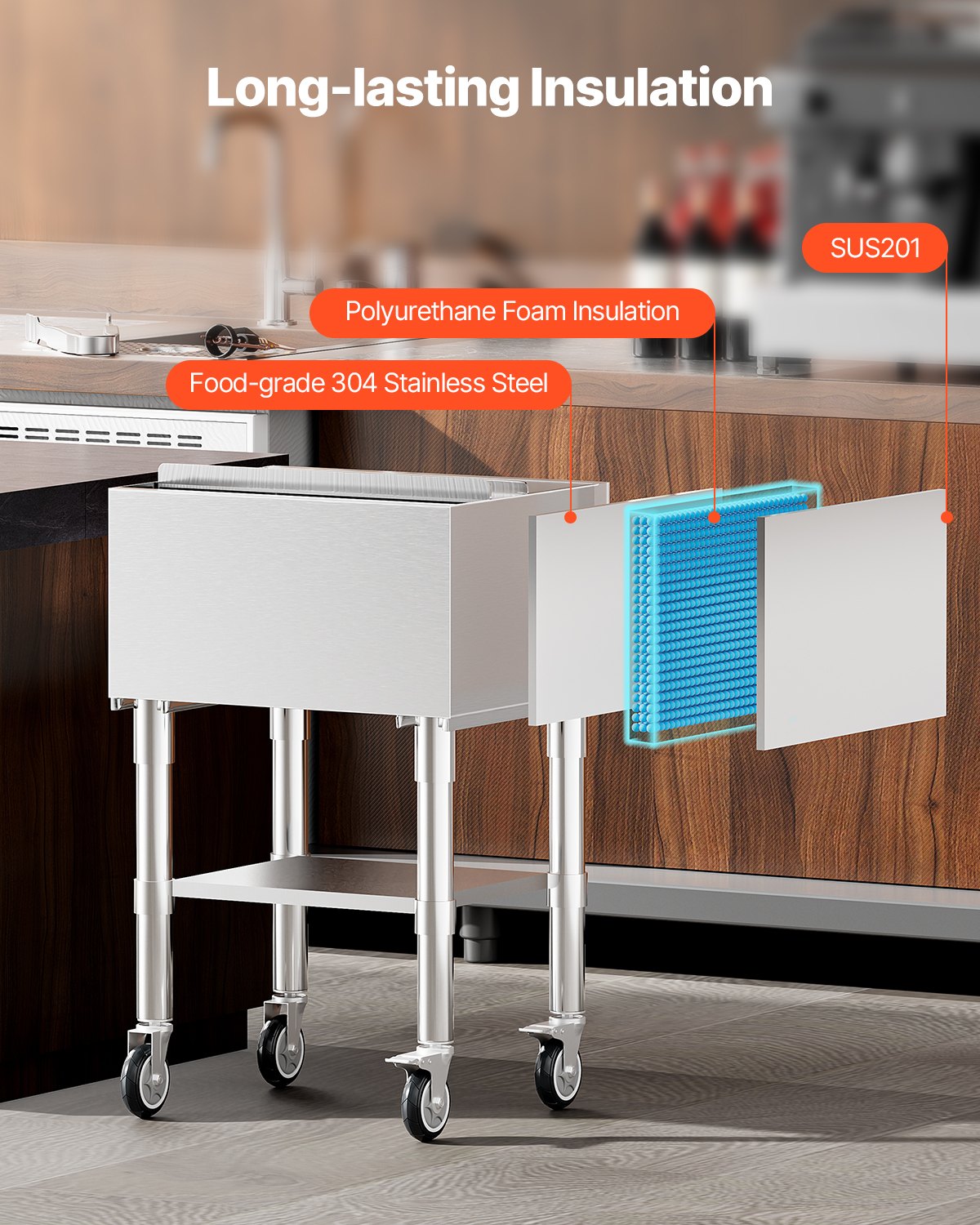 VEVOR Contenitore per Ghiaccio Commerciale da 61,6 L Contenitore per Ghiaccio con Ruote, Carrello per Frigorifero in Acciaio Inox 610 x 484 x 935 mm con Coperchio Scorrevole, per Bar, Ristorante, Pub