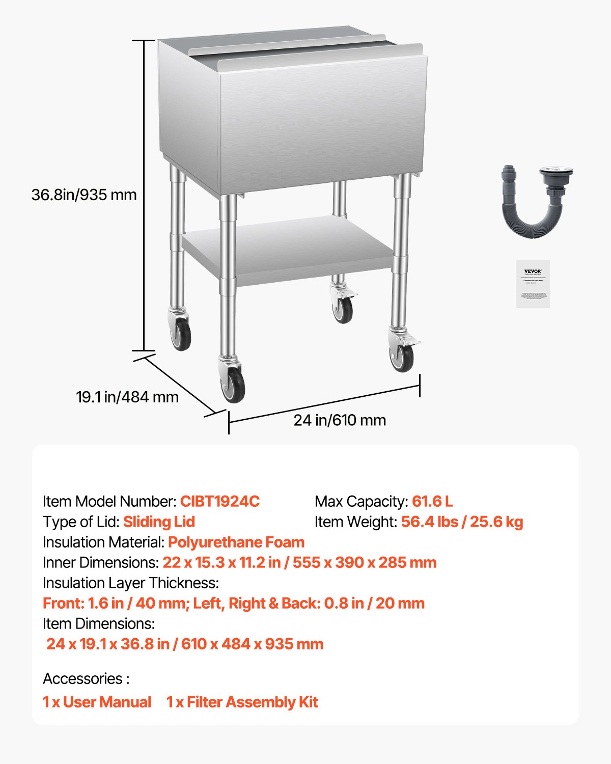 VEVOR commercial ice container 61.6 L rolling ice box on wheels (610 x 484 x 935 mm) stainless steel refrigerated trolley with sliding lid, storage compartment at the bottom, adjustable ball feet, for bar and restaurant