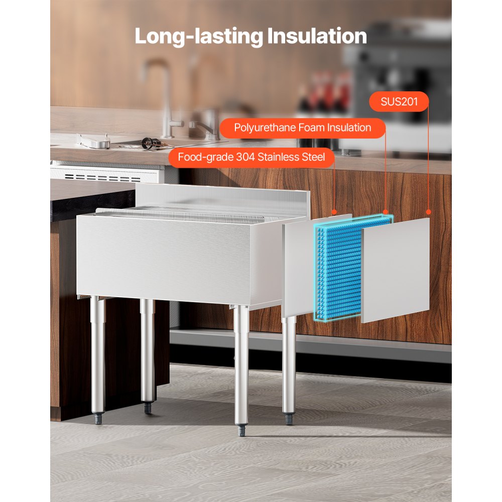 VEVOR Contenitore per Ghiaccio Commerciale in Acciaio Inox da 78,4 L Contenitore per Ghiaccio Sottobanco 761 x 483 x 937 mm con Coperchio Scorrevole e Piedini Regolabili, per Bar, Ristorante, Pub