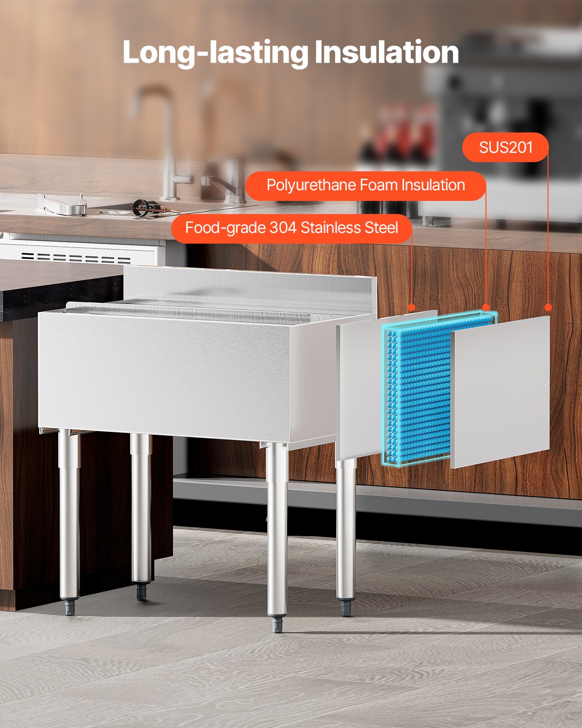 VEVOR Contenitore per Ghiaccio Commerciale in Acciaio Inox da 78,4 L Contenitore per Ghiaccio Sottobanco 761 x 483 x 937 mm con Coperchio Scorrevole e Piedini Regolabili, per Bar, Ristorante, Pub