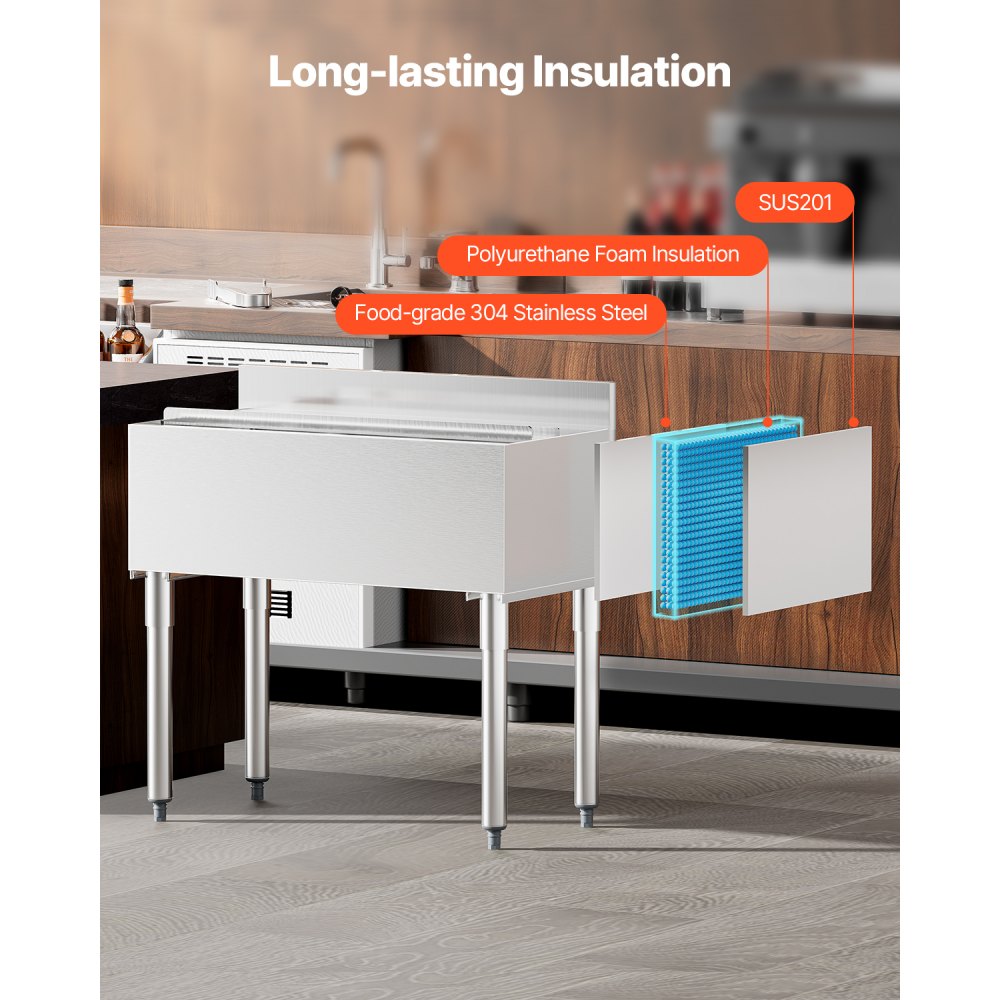 VEVOR Contenitore per Ghiaccio Commerciale in Acciaio Inox da 95,3 L Contenitore per Ghiaccio Sottobanco 913 x 483 x 937 mm con Coperchio Scorrevole e Piedini Regolabili, per Bar, Ristorante, Pub