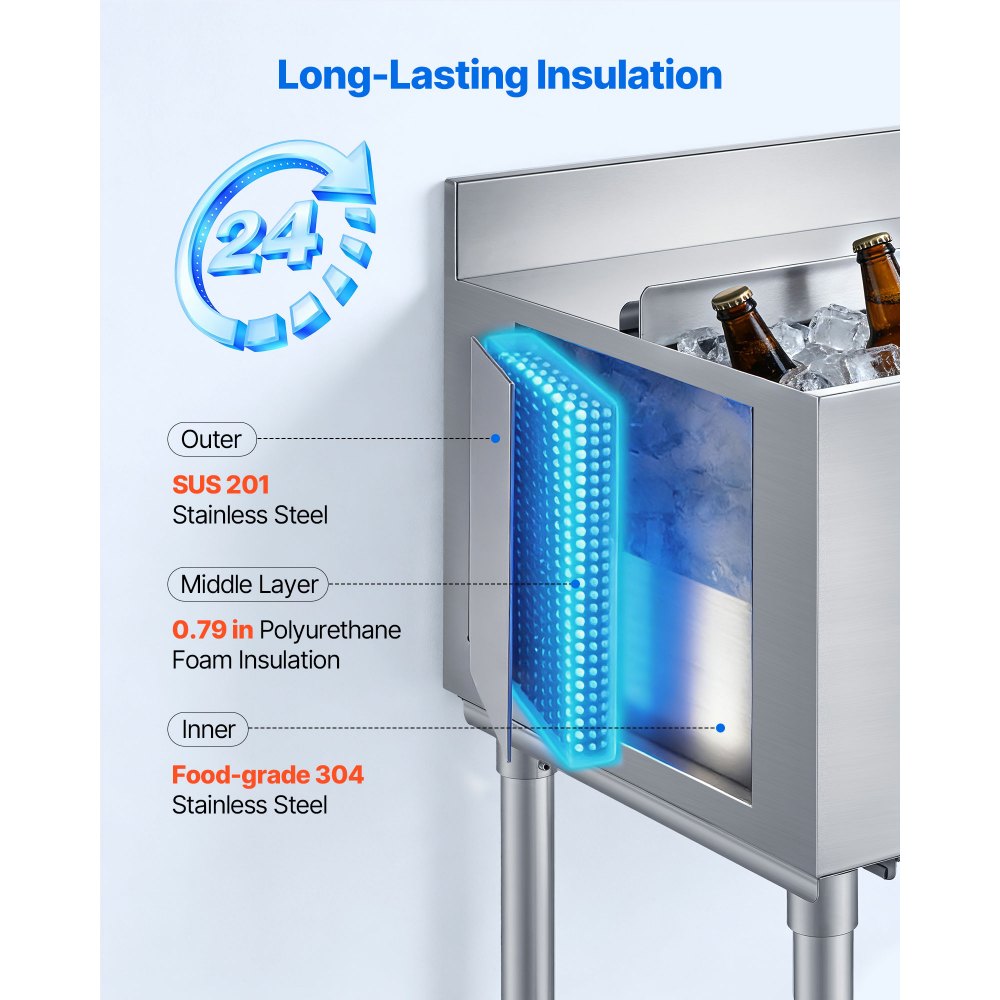 VEVOR Contenitore per Ghiaccio in Acciaio Inox Commerciale Capienza 61,6 L, Contenitore per Ghiaccio Sottobanco 610x482x850 mm con Coperchio Scorrevole, Ghiacciaia Sottobanco Piedini Regolabili