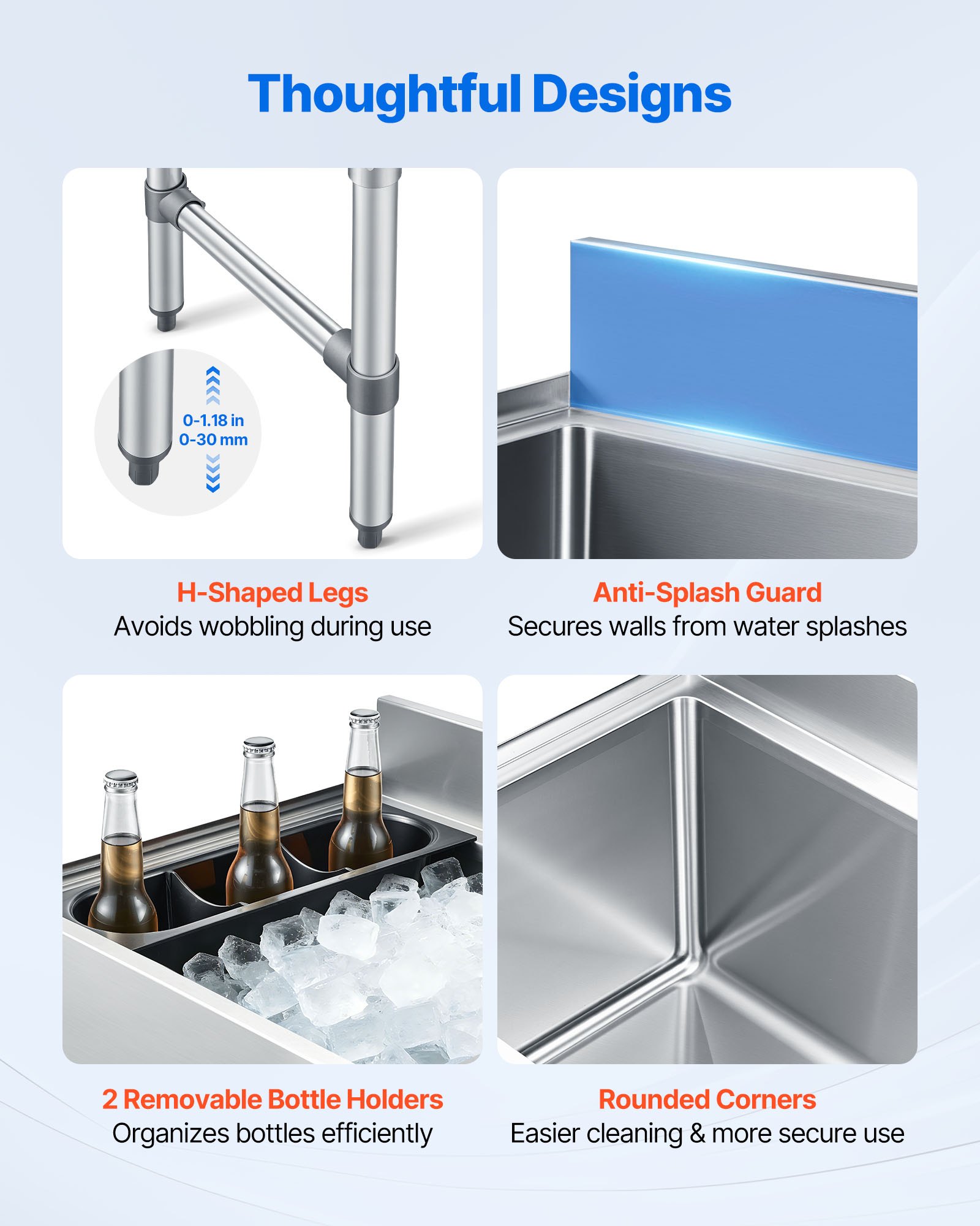 VEVOR Contenitore per Ghiaccio in Acciaio Inox Commerciale Capienza 61,6 L, Contenitore per Ghiaccio Sottobanco 610x482x850 mm con Coperchio Scorrevole, Ghiacciaia Sottobanco Piedini Regolabili