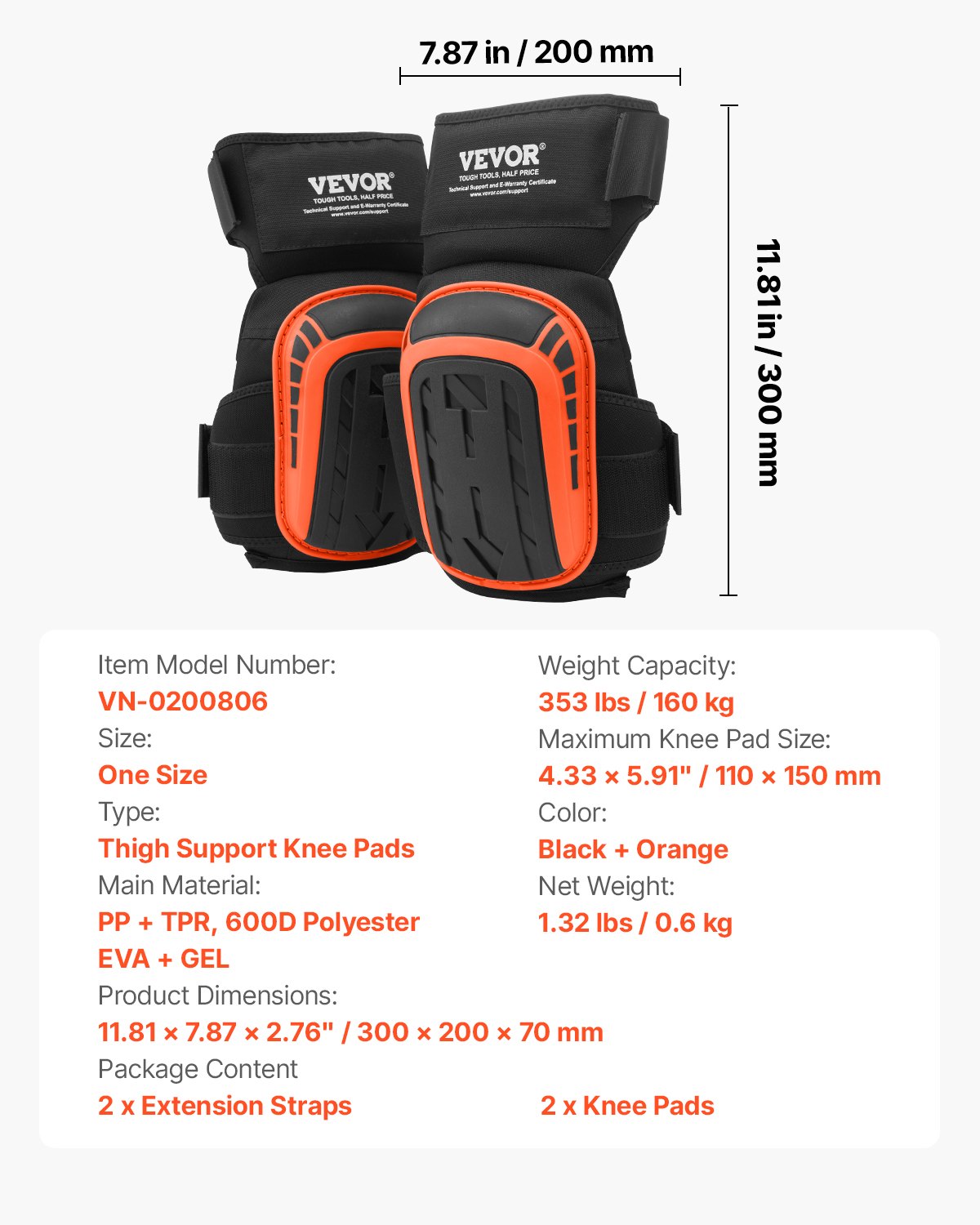 VEVOR Knee Pads 30x20 cm, Extended Knee Pads with 2 Extension Straps, Non-Slip Foam Gel Tile Pads, for Gardening, Flooring, Roofing and Cleaning, Black and Orange