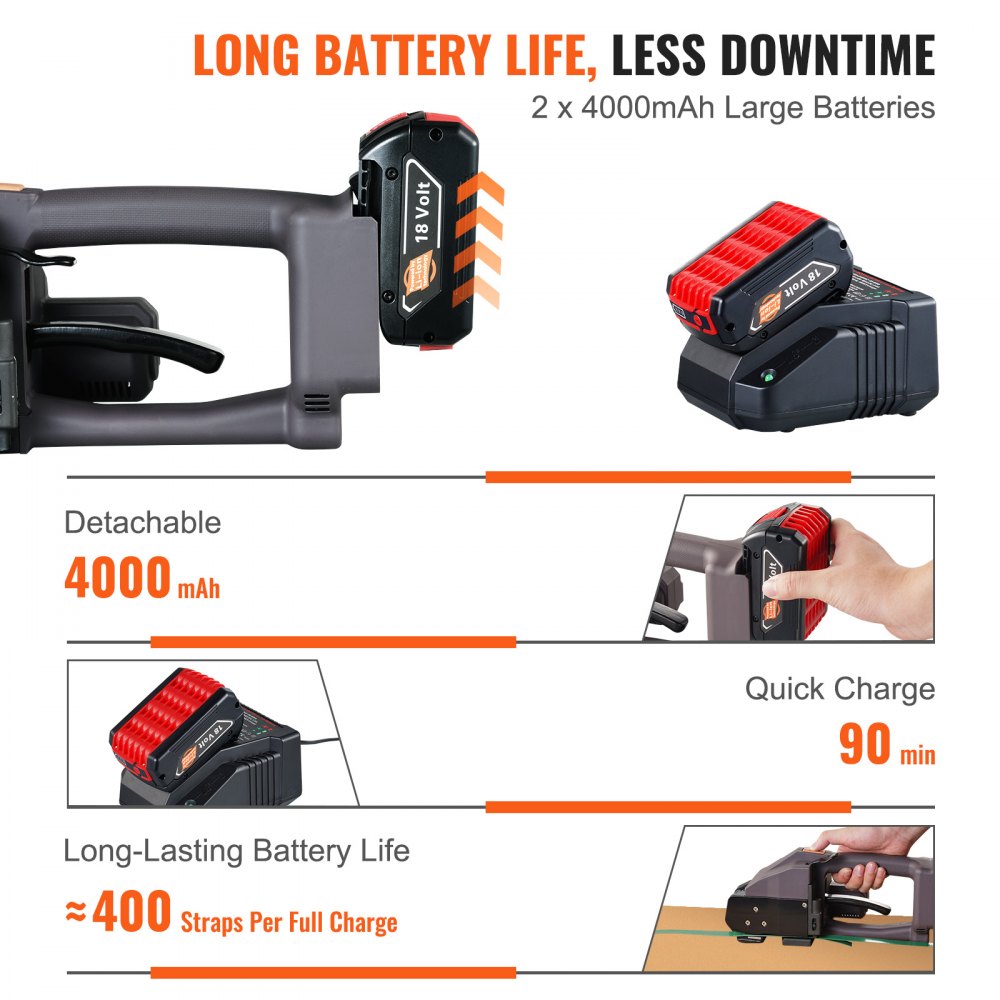 VEVOR Reggiatrice Elettrica da 1-2 cm Tendireggia Elettrica per Reggette PP PET, con Schermo Digitale, 2 x 4000 mAh Reggiatrice Automatica Alimentata a Batteria per Pallet di Scatole da Imballaggio