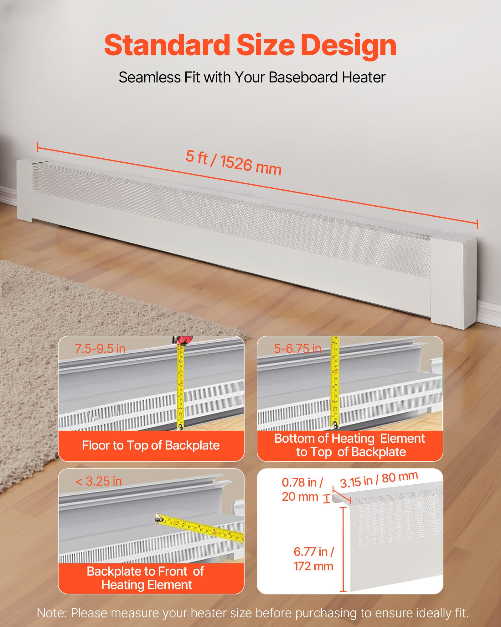 VEVOR Baseboard Heater Covers, Basic Series 1526 mm Standard Electric Heating Unit Front Cover for Home Improvement, Heavy-duty Steel, Easy Installation for Bedroom Replacing Old Cover, White