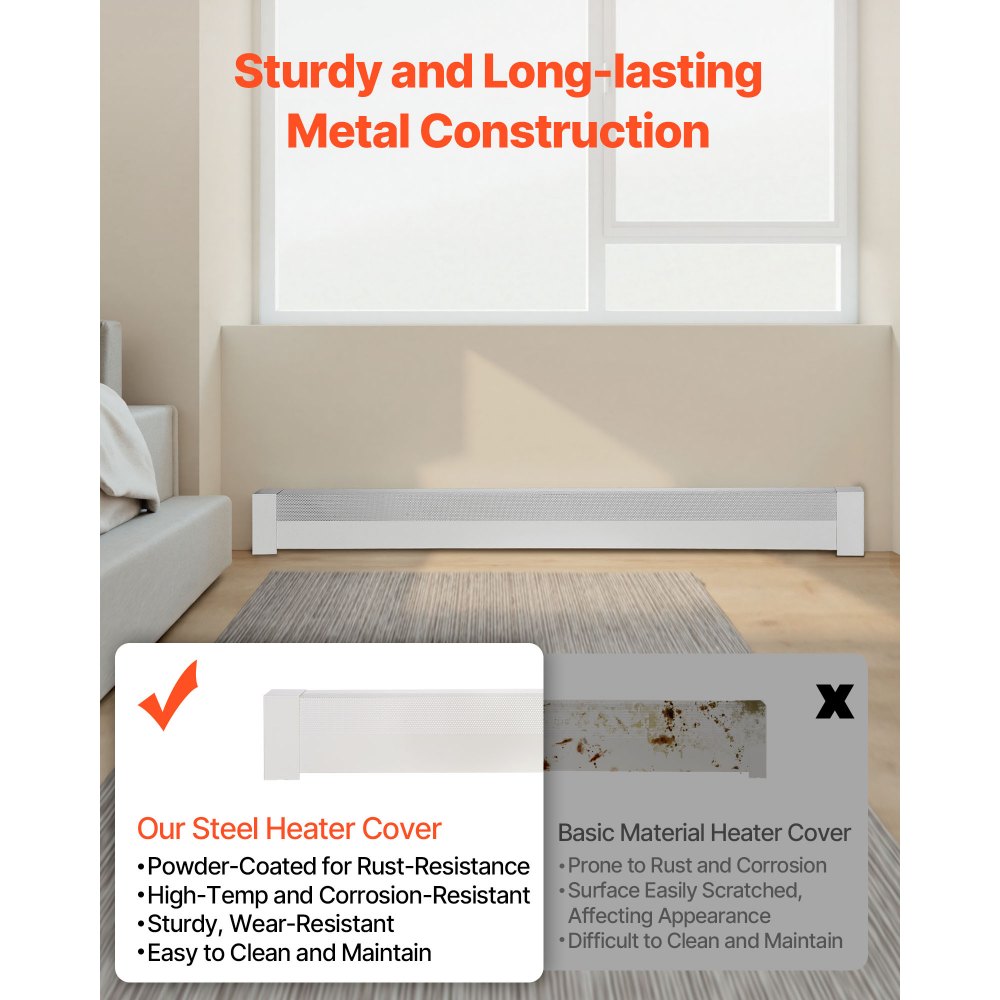 VEVOR Baseboard Heater Covers, Basic Series 1831 mm Standard Electric Heating Unit Front Cover for Home Improvement, Heavy-duty Steel, Easy Installation for Bedroom Replacing Old Cover, White