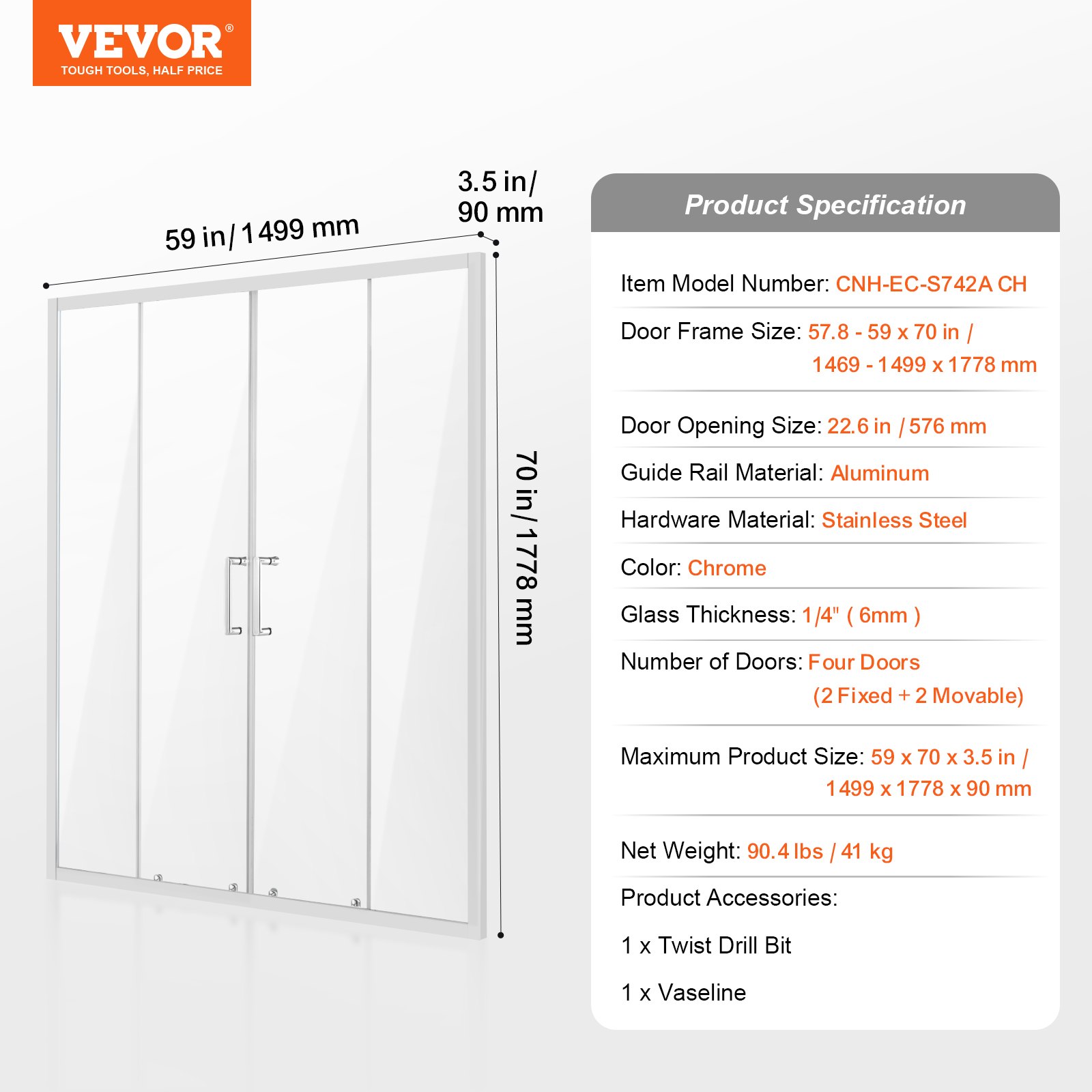 VEVOR semi-frameless shower door, sliding door, shower enclosure 1469-1499 x 1778 mm, double glass sliding door with (6 mm) clear tempered glass, waterproof and dirt-repellent, with stainless steel fittings