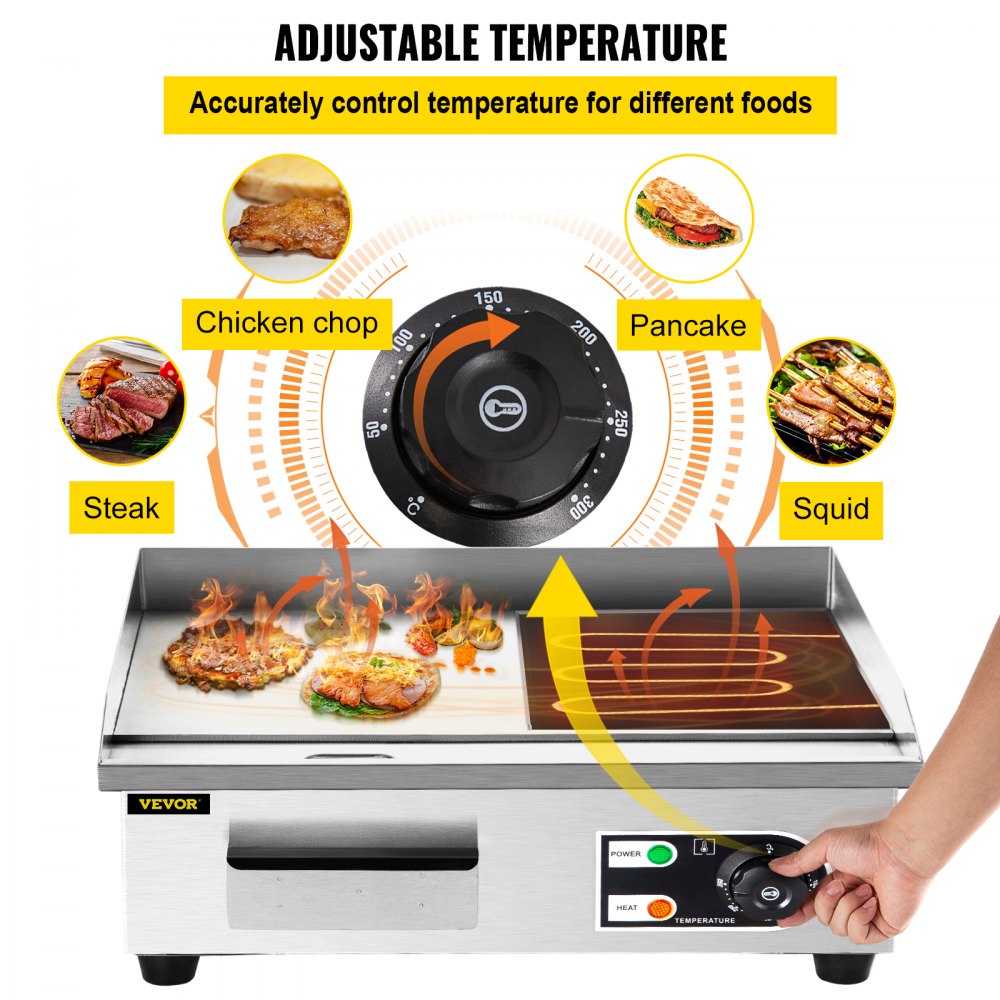 VEVOR Piastra Griglia Elettrica 3000W Grill di Cottura in Acciaio Inossidabile per Carne Pesce Verdure Piadine Panini Bistecca Piastra Griglia