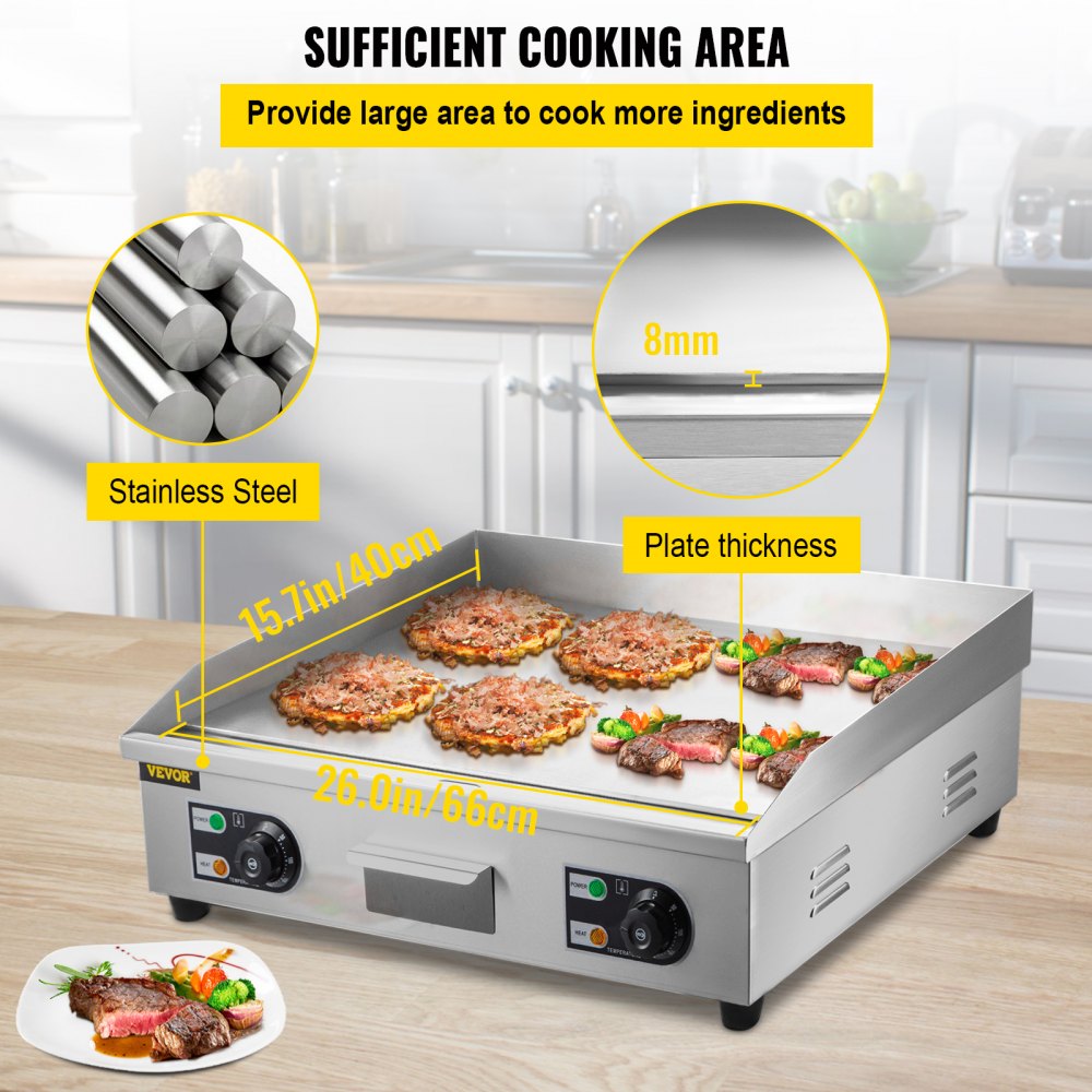VEVOR Piastra Elettrica Griglia in Acciaio Inox per Carne Pesce Bistecche Cotoletta, Piastra Cottura Commerciale 3200W Griglia Elettrica da Cucina 66 x 47 x 22 cm, Piastra Griglia Barbecue Elettrica