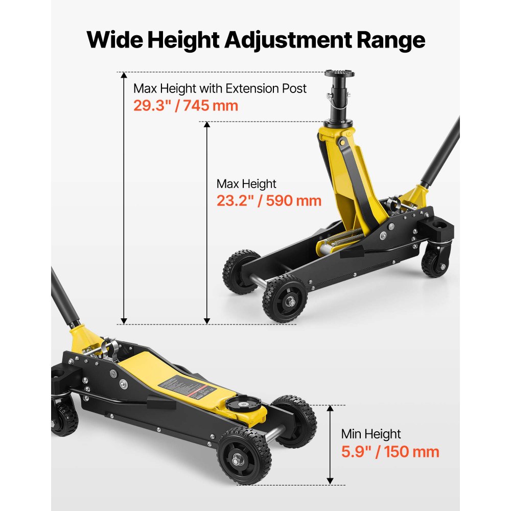 VEVOR Cric Idraulico a Carrello 3 Tonnellate in Alluminio e Acciaio, Cric Idraulico da Pavimento a Doppio Pistone, Altezza di Sollevamento 150-745 mm, Multiuso per Auto Sportivo, Moto, SUV e Camion