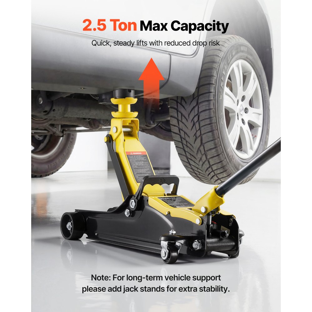 VEVOR Cric Idraulico a Carrello 2,5 Tonnellate a Basso Profilo, Cric Idraulico da Pavimento in Acciaio, a Pistone Singolo con Sella Rialzata, Altezza di Sollevamento 85-350 mm, per Auto, Moto e SUV