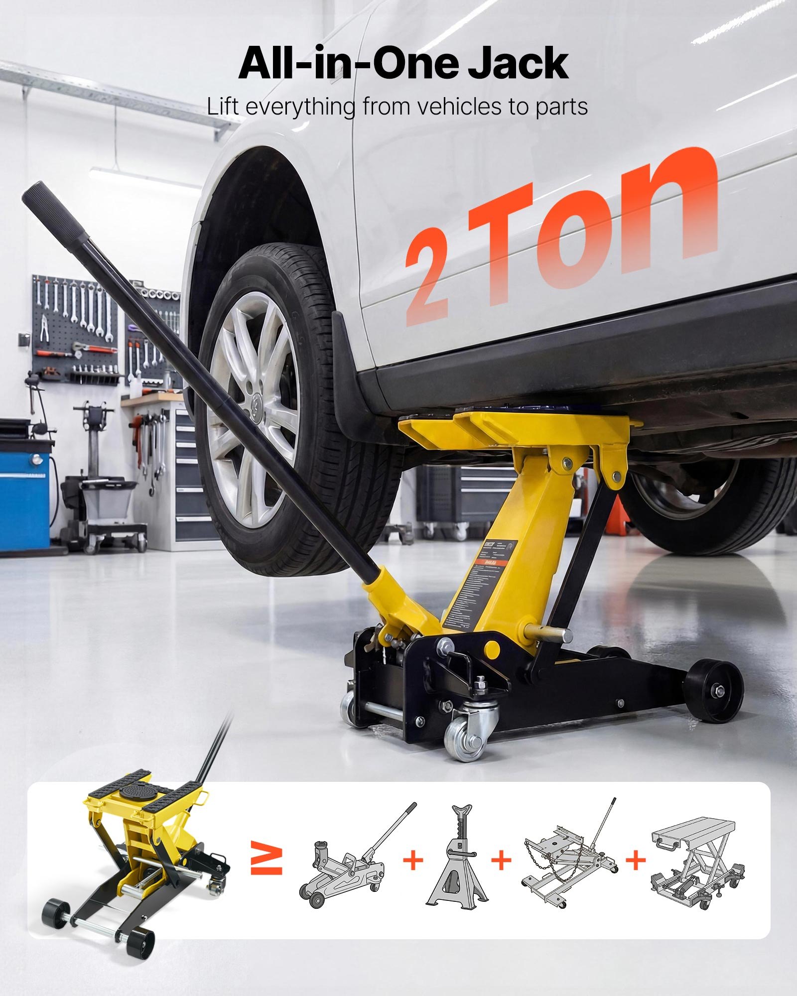 VEVOR Cric Idraulico a Carrello 2 Tonnellate in Acciaio, Cric Idraulico da Pavimento a Basso Profilo, a Pistone Singolo con Ruote, Altezza di Sollevamento 150-435 mm, Multiuso per Auto, Moto, Quad