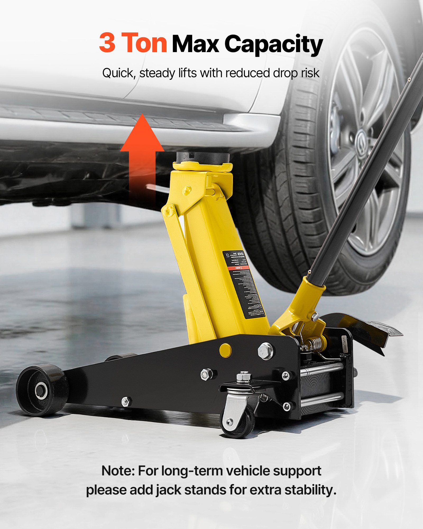 VEVOR Cric Idraulico a Carrello 3 Tonnellate a Basso Profilo, Cric Idraulico da Pavimento in Acciaio, a Pistone Singolo con Pedale, Altezza di Sollevamento 130-500 mm, Multiuso per Berline, Auto e SUV