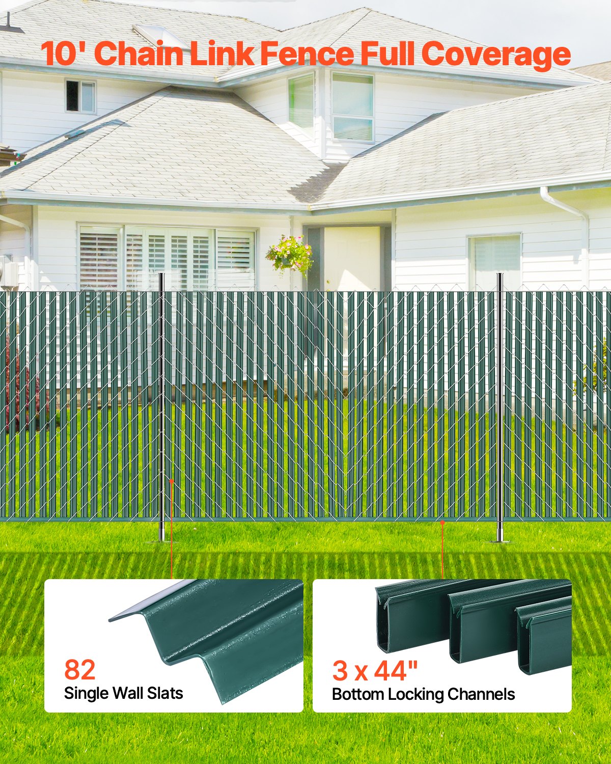 VEVOR privacy screen slats 1435 mm, single-walled vertical slats with ground locking mechanism for chain link fences, high-density HDPE chain link slats, ideal for garden, farm, sports field (green)