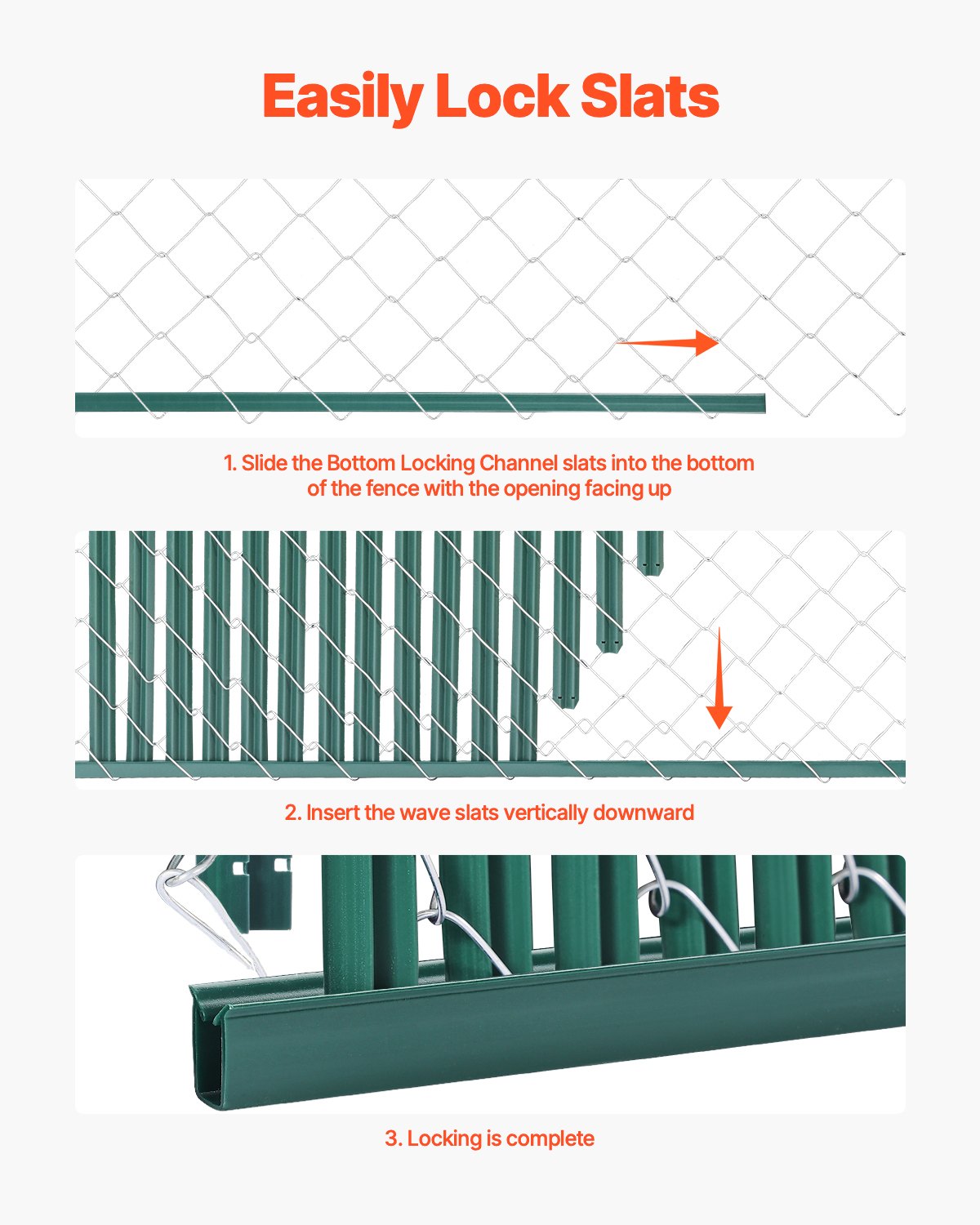 VEVOR privacy screen slats 1435 mm, single-walled vertical slats with ground locking mechanism for chain link fences, high-density HDPE chain link slats, ideal for garden, farm, sports field (green)