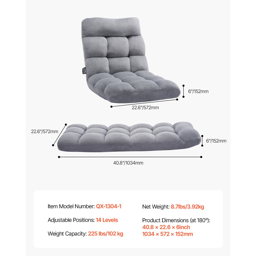 VEVOR Floor Chair Sofa Chair made of recycled foam with 14 adjustable positions, multifunctional floor armchair with backrest, ideal for sleeping and reading, lounge chair for the living room, gray
