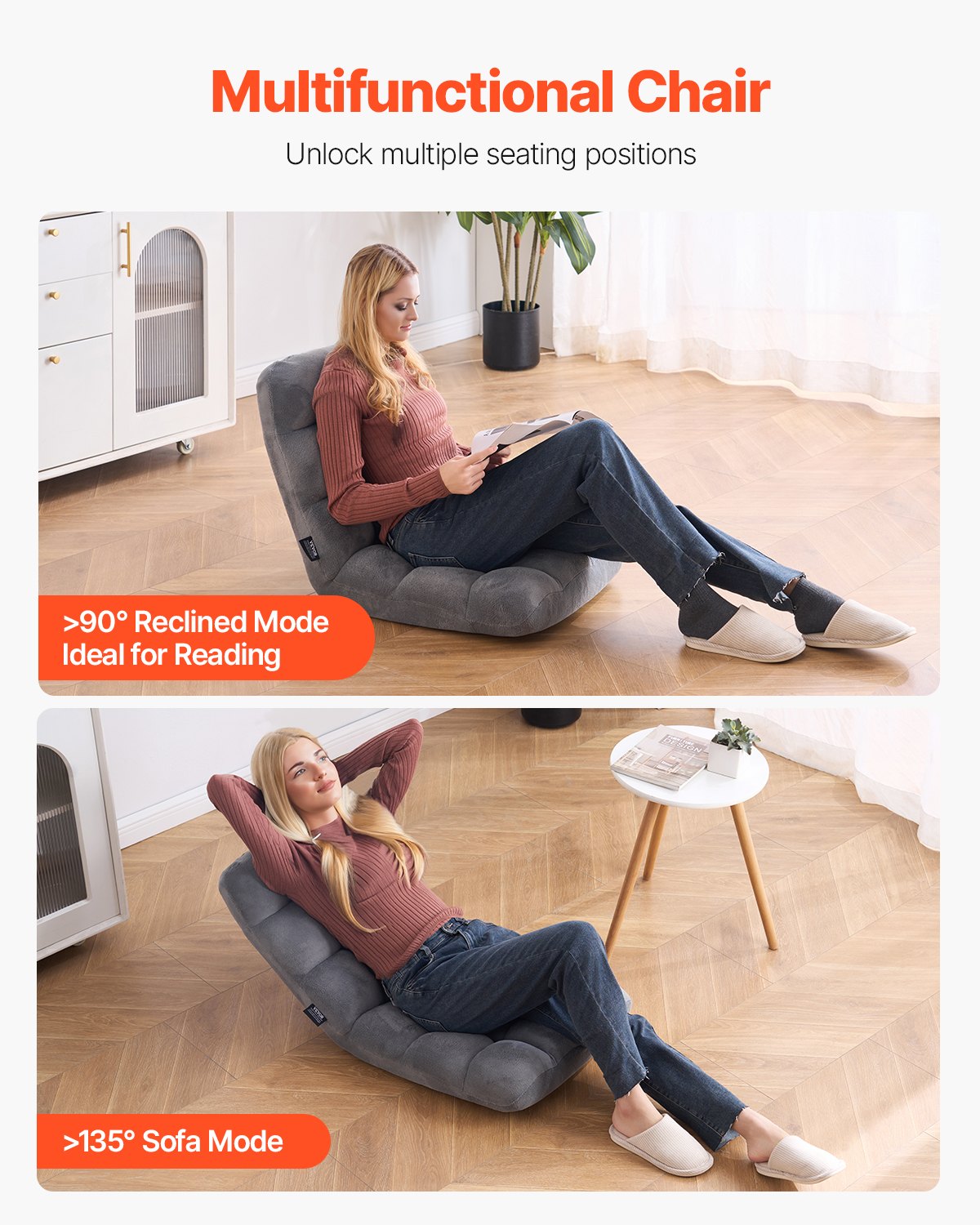 VEVOR Floor Chair Sofa Chair made of recycled foam with 14 adjustable positions, multifunctional floor armchair with backrest, ideal for sleeping and reading, lounge chair for the living room, gray