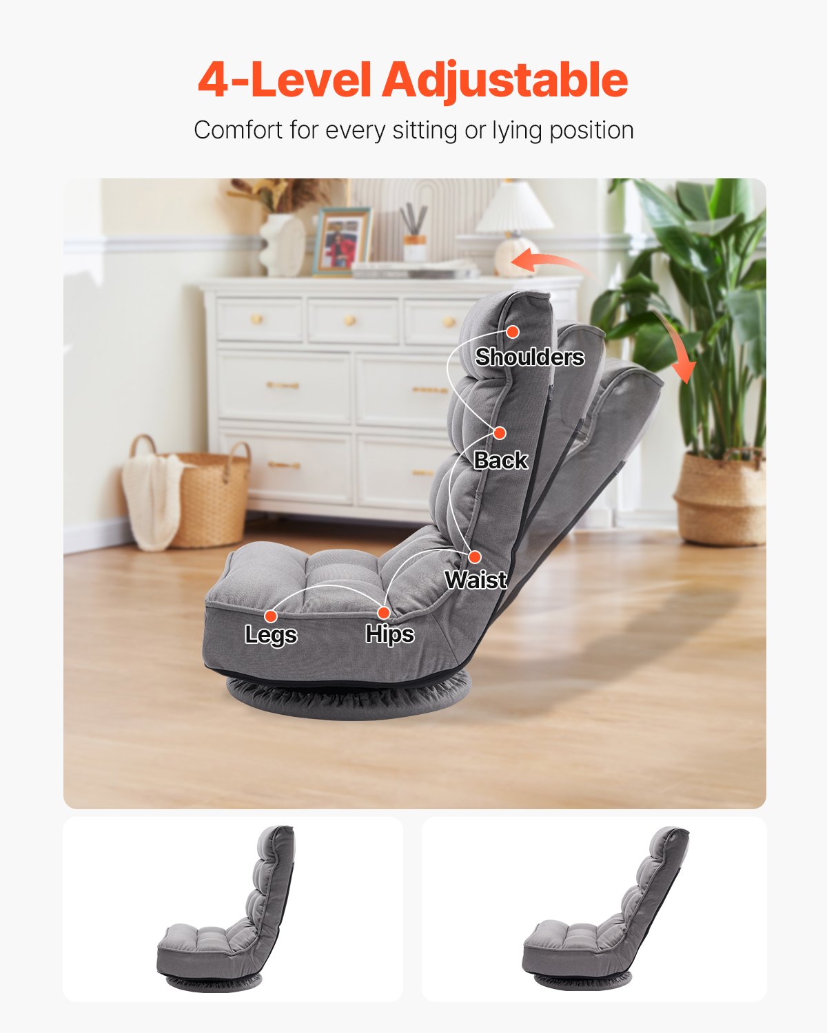 VEVOR Sedia da Gioco Girevole a 360 Gradi da Pavimento, con Schienale Pieghevole Regolabile in 4 Posizioni e Supporto Lombare, Divano Reclinabile Pieghevole per Lettura Guardare TV, Grigio
