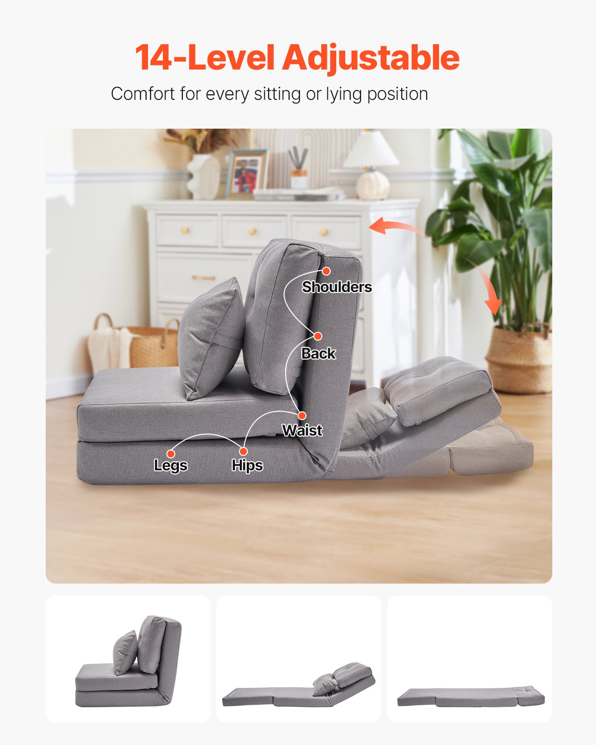 VEVOR Convertible Floor Sofa Bed, 5-Position Adjustable Folding Padded Lazy Sofa with Adjustable Backrest & Cushions, Foldable Sofa for Living Room and Bedroom, Gray