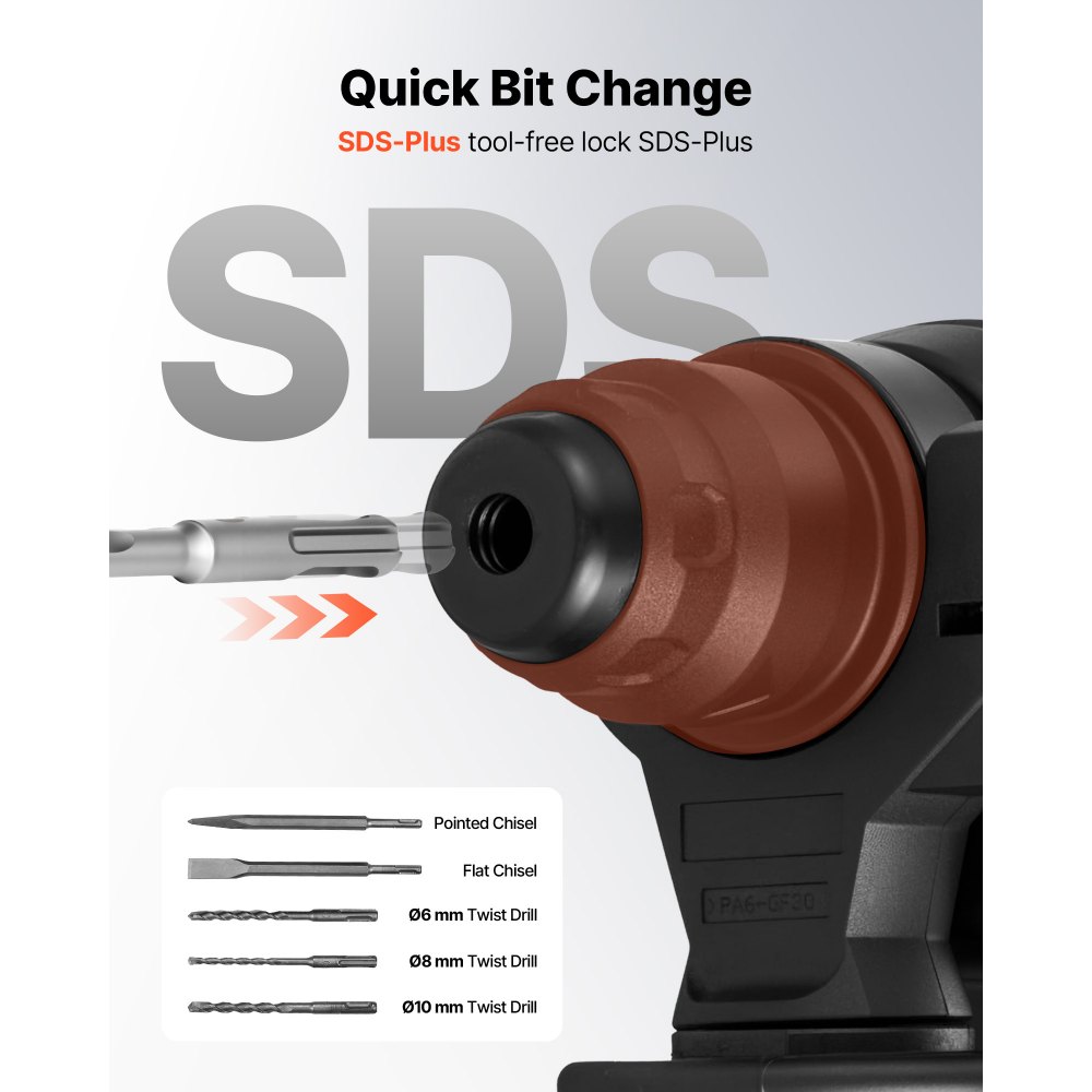 VEVOR Rotary Hammer Drill, 20 mm SDS-Plus Cordless, 20V Battery Powered Rotary Hammer, Brushless, Including Battery, Charger, 3 Drill Bits, Flat Chisel, Pointed Chisel, Carrying Case, for Concrete