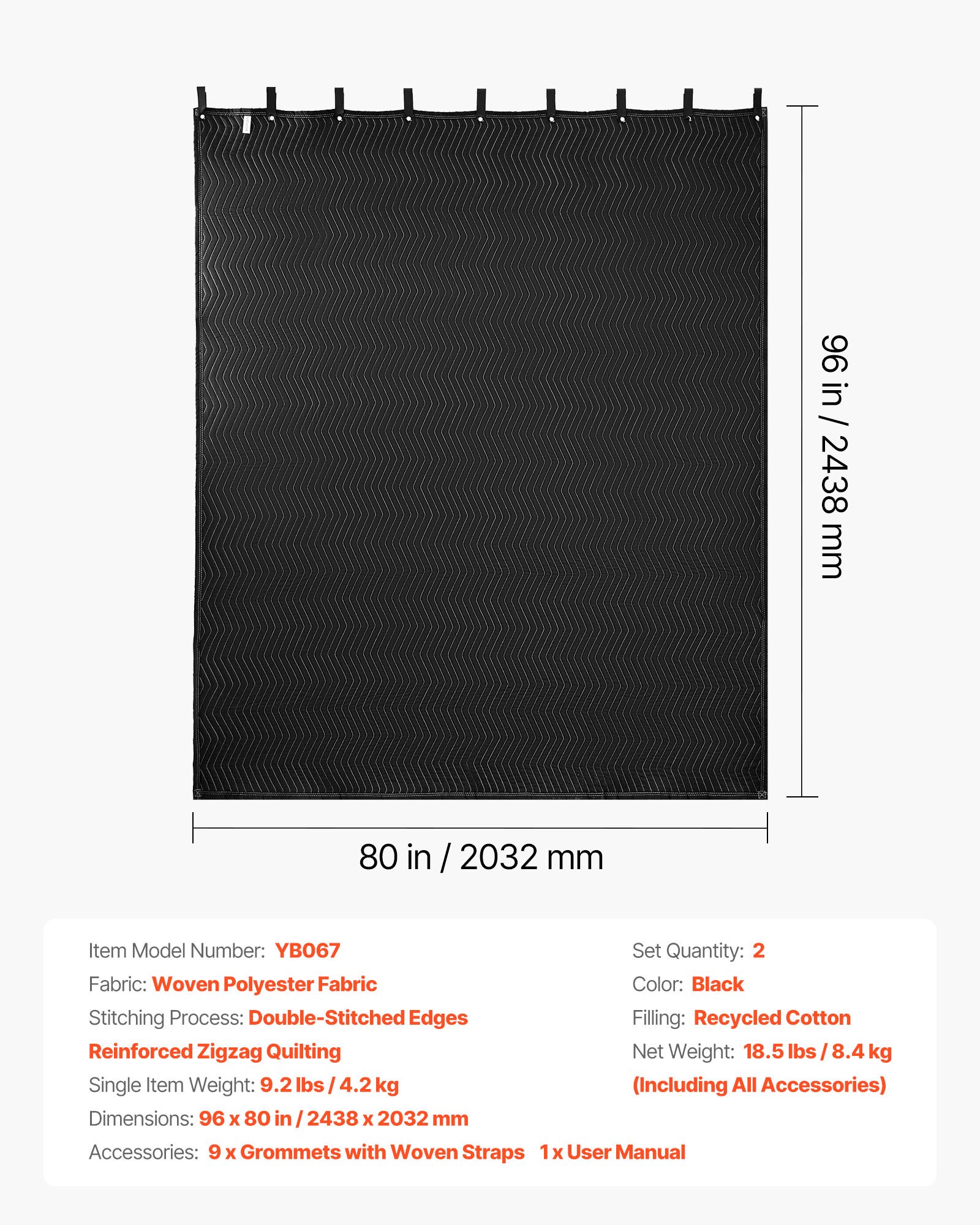 VEVOR 2 Pack Sound Dampening Blankets, 2438 x 2032 mm, Extra Large Soundproof Blanket with Grommets, Studio Grommeted Blanket with Cotton Filling, for Window, Door, Light Blocker, Music Recording