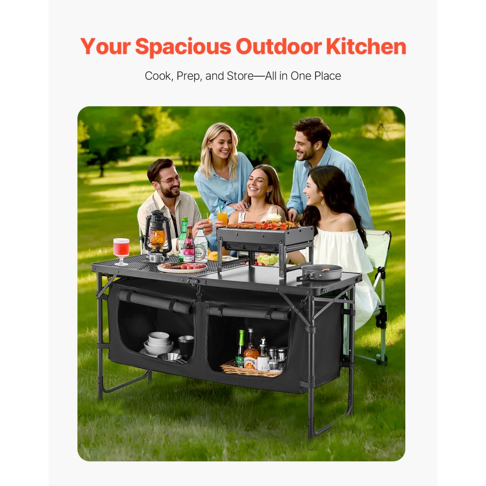 VEVOR Tavolo da Cucina da Campeggio, 3 Altezze Regolabili, Stazione di Cottura Portatile Leggera in Alluminio con Organizzatore per Riporre Oggetti, Maniglia per Trasporto, per Barbecue, Feste, Nero