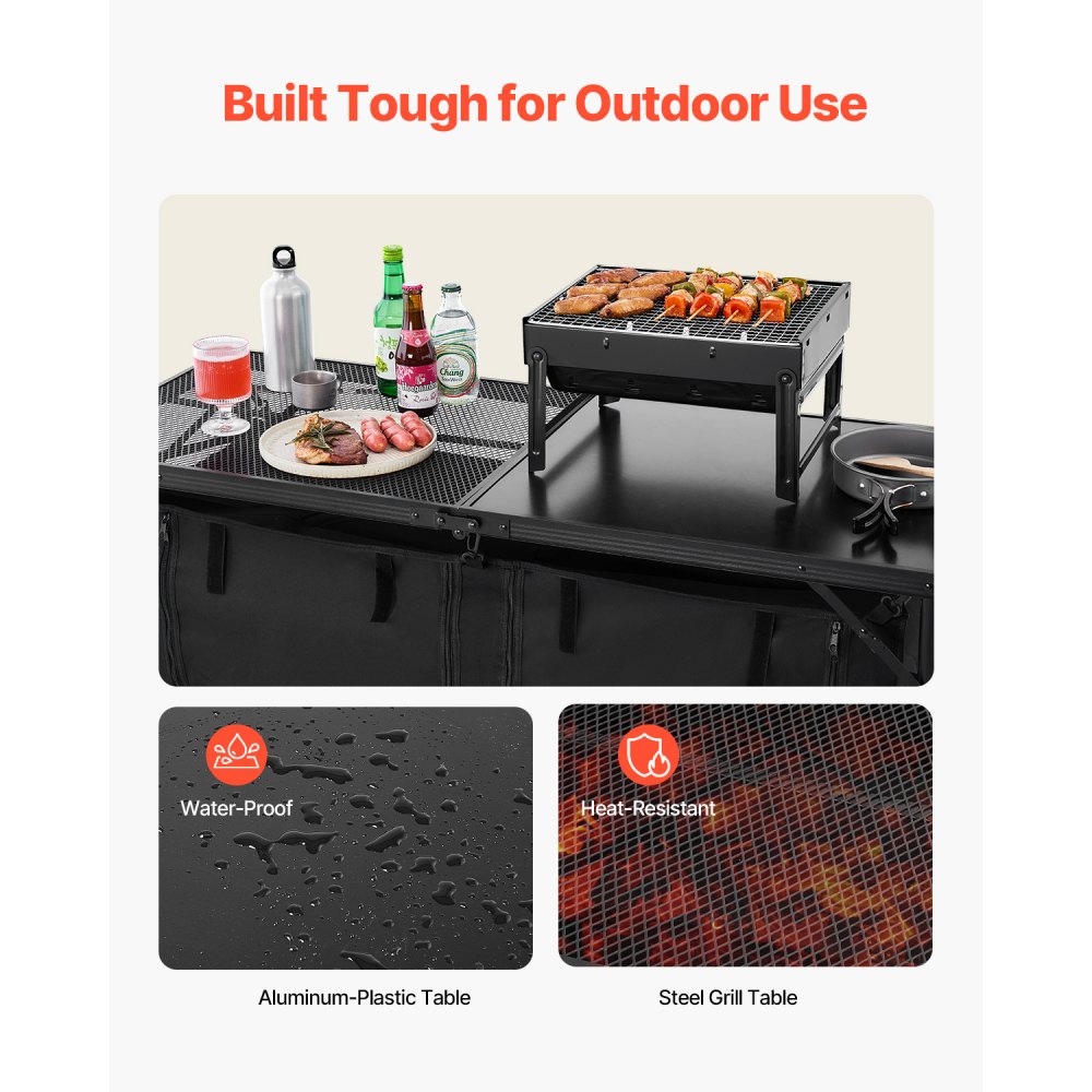VEVOR Tavolo da Cucina da Campeggio, 3 Altezze Regolabili, Stazione di Cottura Portatile Leggera in Alluminio con Organizzatore per Riporre Oggetti, Maniglia per Trasporto, per Barbecue, Feste, Nero