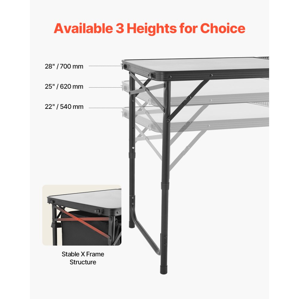 VEVOR Tavolo da Cucina da Campeggio, 3 Altezze Regolabili, Stazione di Cottura Portatile Leggera in Alluminio con Organizzatore per Riporre Oggetti, Maniglia per Trasporto, per Barbecue, Feste, Nero