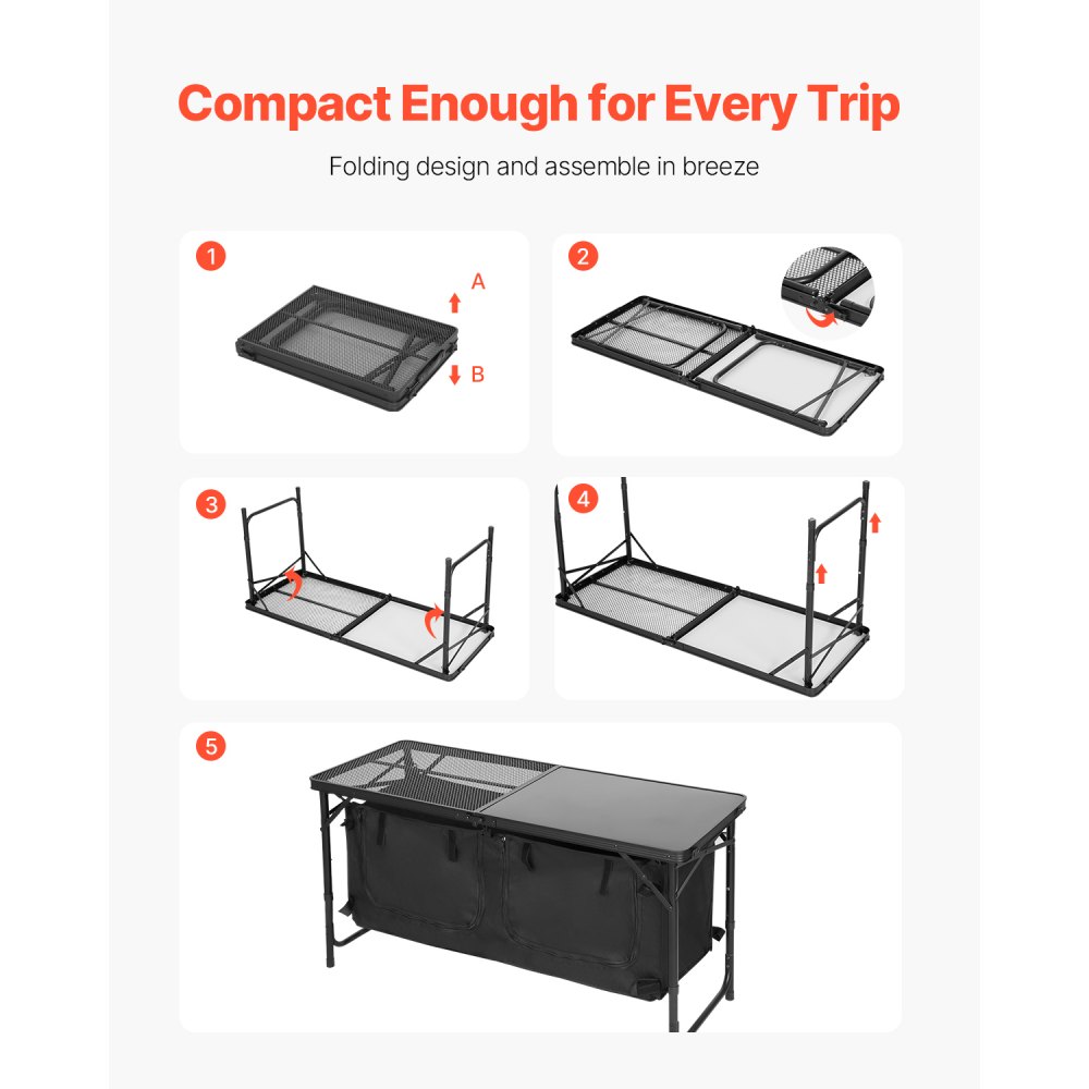 VEVOR Tavolo da Cucina da Campeggio, 3 Altezze Regolabili, Stazione di Cottura Portatile Leggera in Alluminio con Organizzatore per Riporre Oggetti, Maniglia per Trasporto, per Barbecue, Feste, Nero