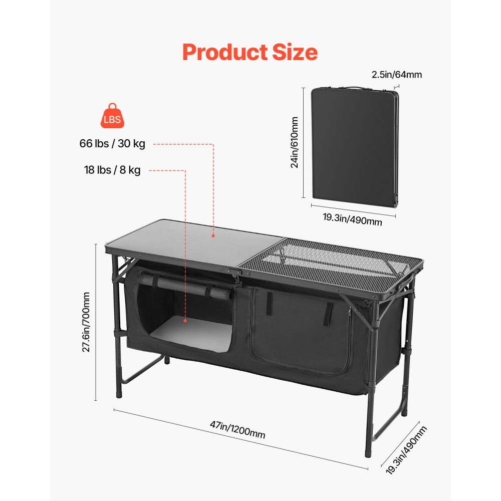 VEVOR Tavolo da Cucina da Campeggio, 3 Altezze Regolabili, Stazione di Cottura Portatile Leggera in Alluminio con Organizzatore per Riporre Oggetti, Maniglia per Trasporto, per Barbecue, Feste, Nero