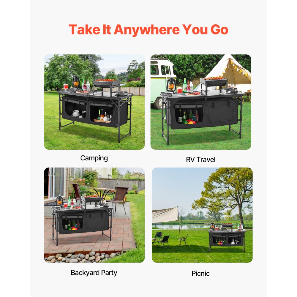 VEVOR Tavolo da Cucina da Campeggio, 3 Altezze Regolabili, Stazione di Cottura Portatile Leggera in Alluminio con Organizzatore per Riporre Oggetti, Maniglia per Trasporto, per Barbecue, Feste, Nero