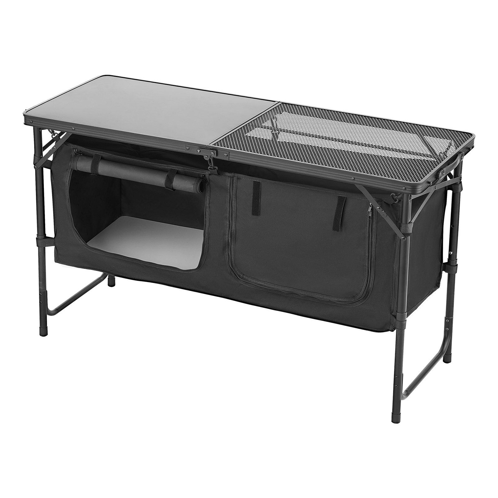 VEVOR Tavolo da Cucina da Campeggio, 3 Altezze Regolabili, Stazione di Cottura Portatile Leggera in Alluminio con Organizzatore per Riporre Oggetti, Maniglia per Trasporto, per Barbecue, Feste, Nero