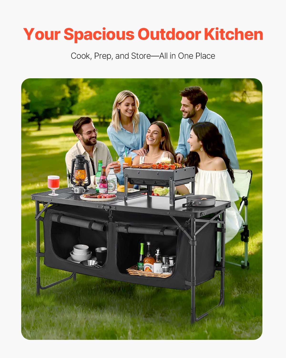 VEVOR Tavolo da Cucina da Campeggio, 3 Altezze Regolabili, Stazione di Cottura Portatile Leggera in Alluminio con Organizzatore per Riporre Oggetti, Maniglia per Trasporto, per Barbecue, Feste, Nero