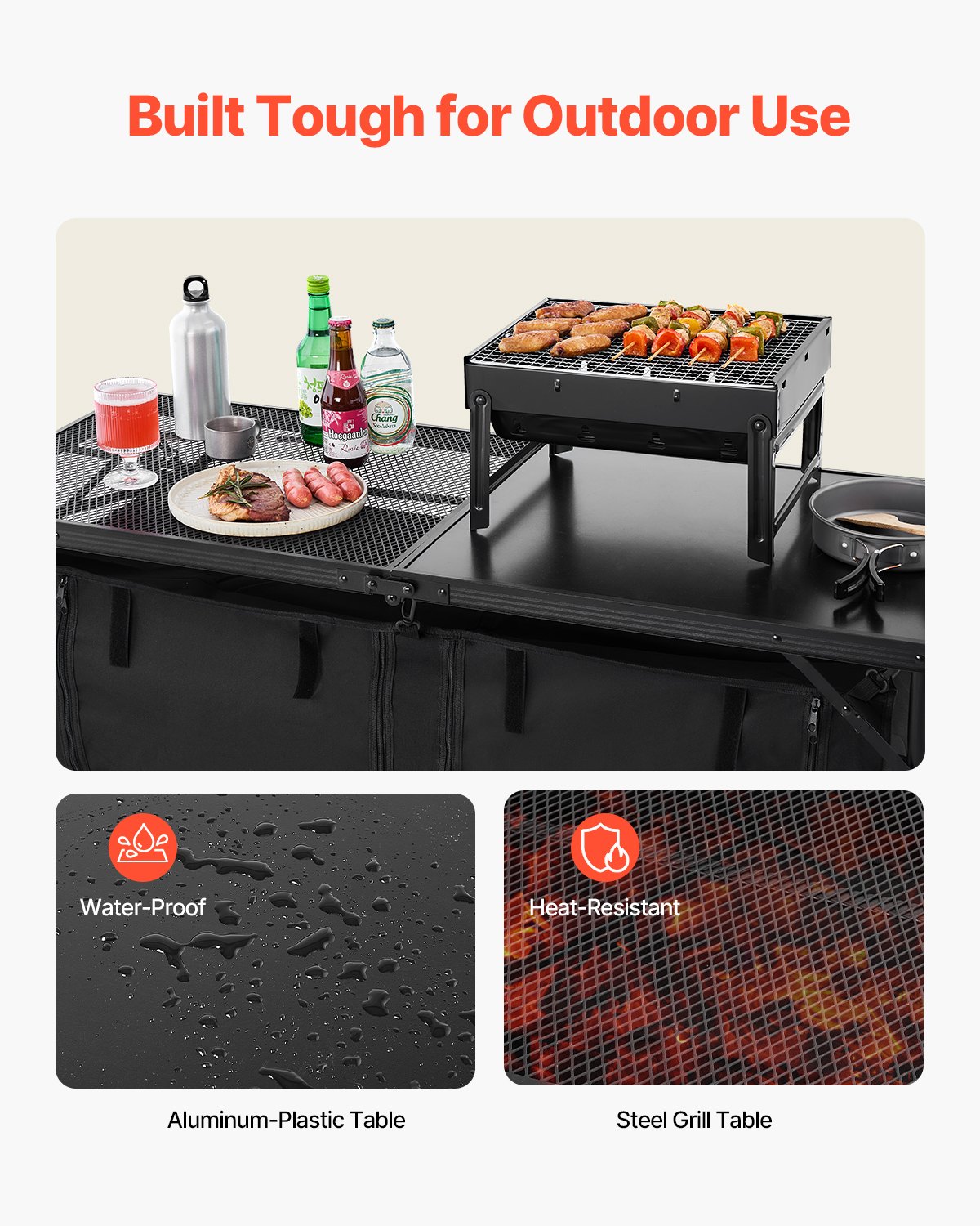 VEVOR Tavolo da Cucina da Campeggio, 3 Altezze Regolabili, Stazione di Cottura Portatile Leggera in Alluminio con Organizzatore per Riporre Oggetti, Maniglia per Trasporto, per Barbecue, Feste, Nero
