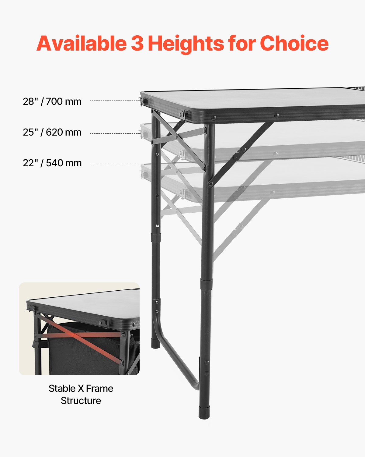 VEVOR Tavolo da Cucina da Campeggio, 3 Altezze Regolabili, Stazione di Cottura Portatile Leggera in Alluminio con Organizzatore per Riporre Oggetti, Maniglia per Trasporto, per Barbecue, Feste, Nero
