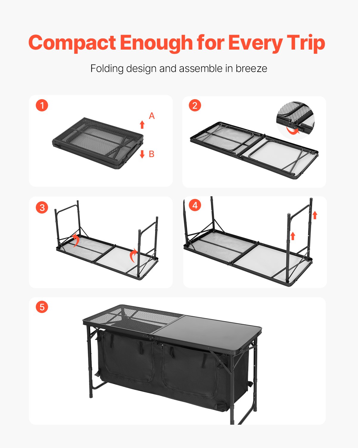 VEVOR Tavolo da Cucina da Campeggio, 3 Altezze Regolabili, Stazione di Cottura Portatile Leggera in Alluminio con Organizzatore per Riporre Oggetti, Maniglia per Trasporto, per Barbecue, Feste, Nero
