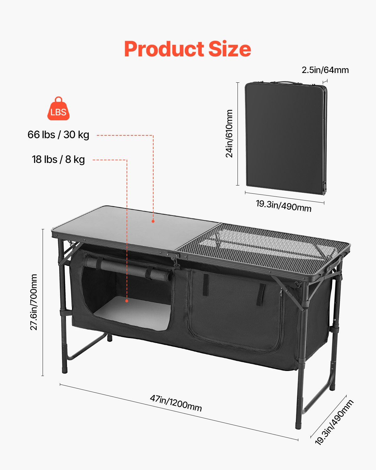 VEVOR Tavolo da Cucina da Campeggio, 3 Altezze Regolabili, Stazione di Cottura Portatile Leggera in Alluminio con Organizzatore per Riporre Oggetti, Maniglia per Trasporto, per Barbecue, Feste, Nero